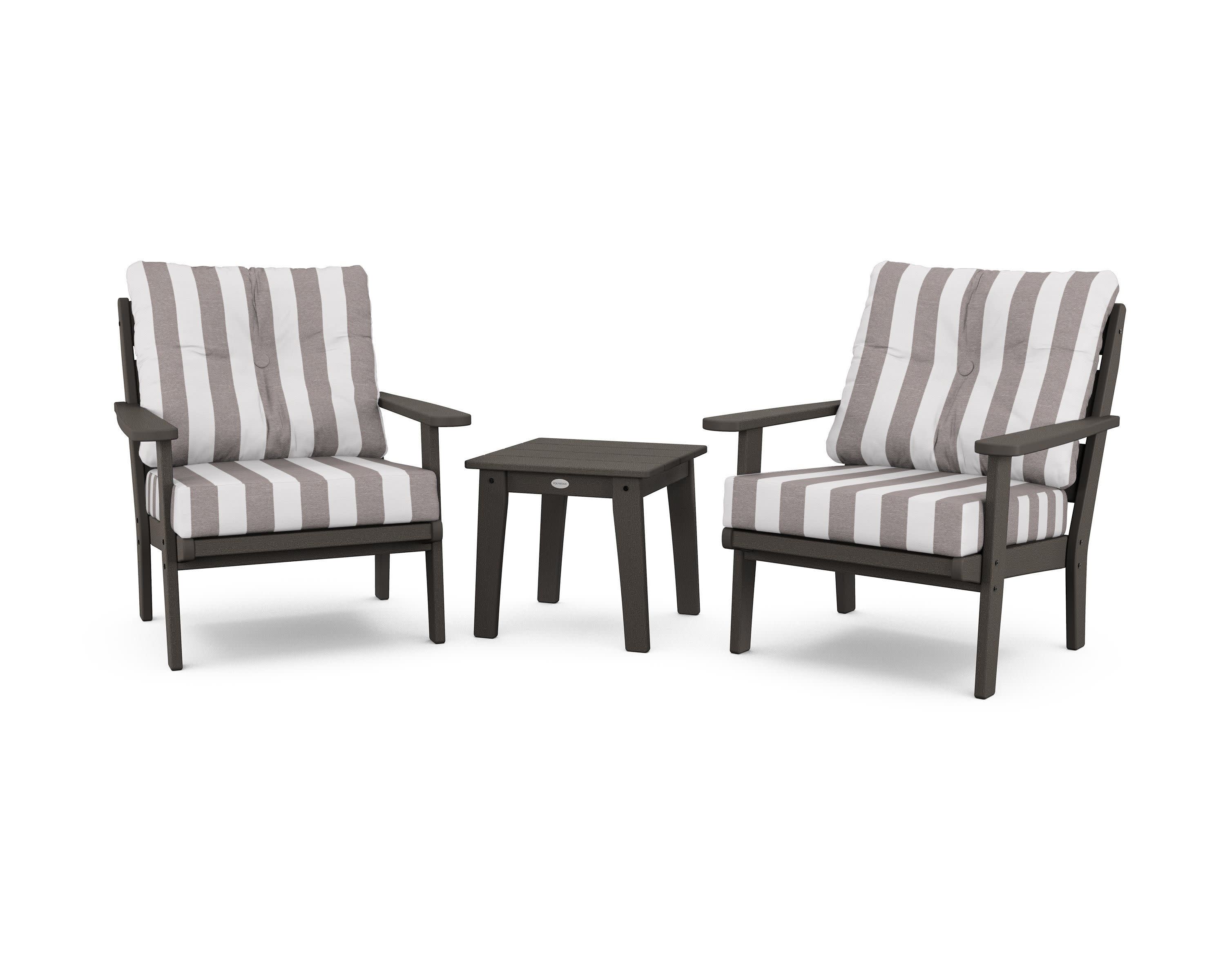 Lakeside 3-Piece Deep Seating Chair Set in Vintage Coffee / Cabana Stripe Grey Mist