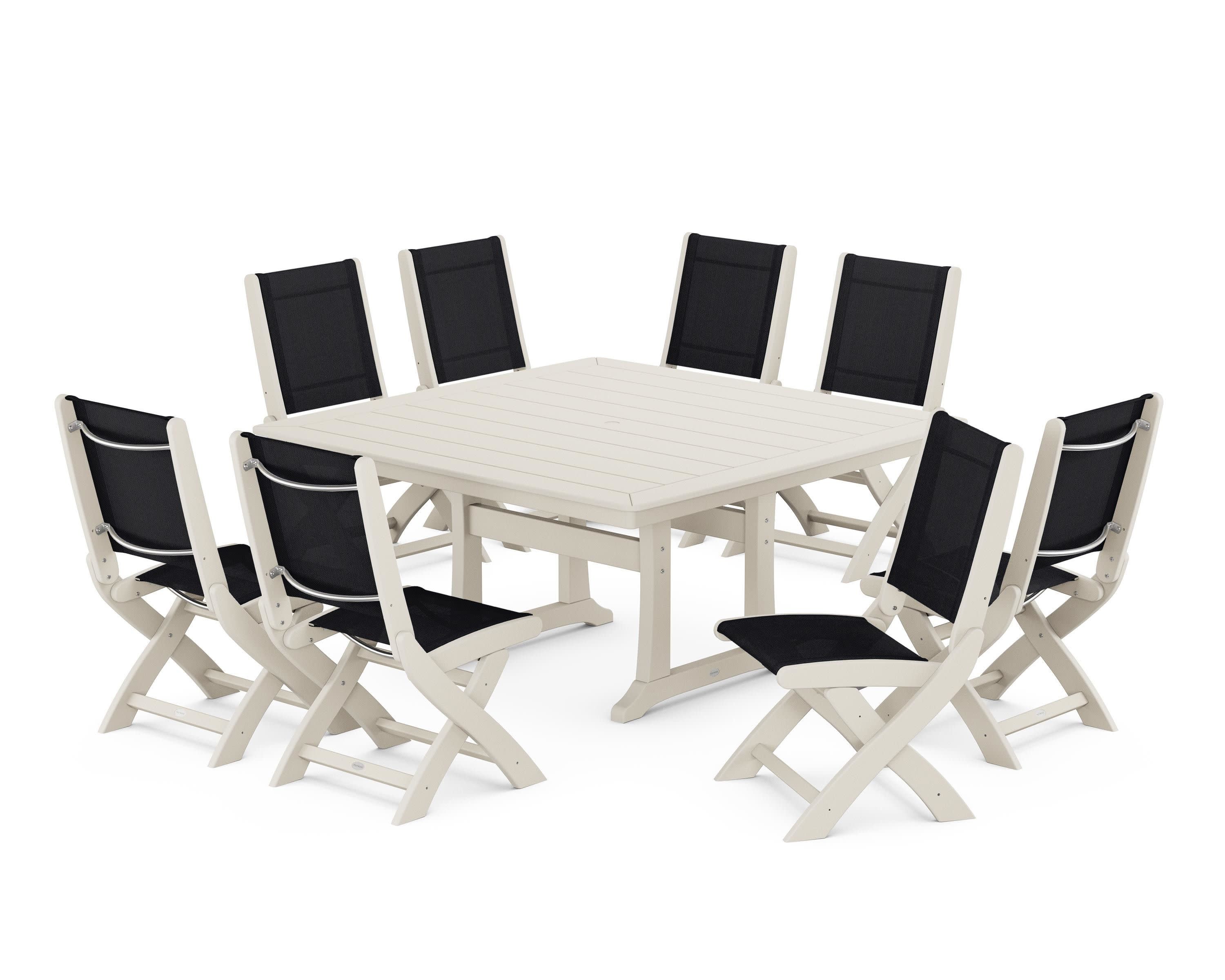 Coastal Folding Side Chair 9-Piece Dining Set with Trestle Legs in Sand / Black Sling