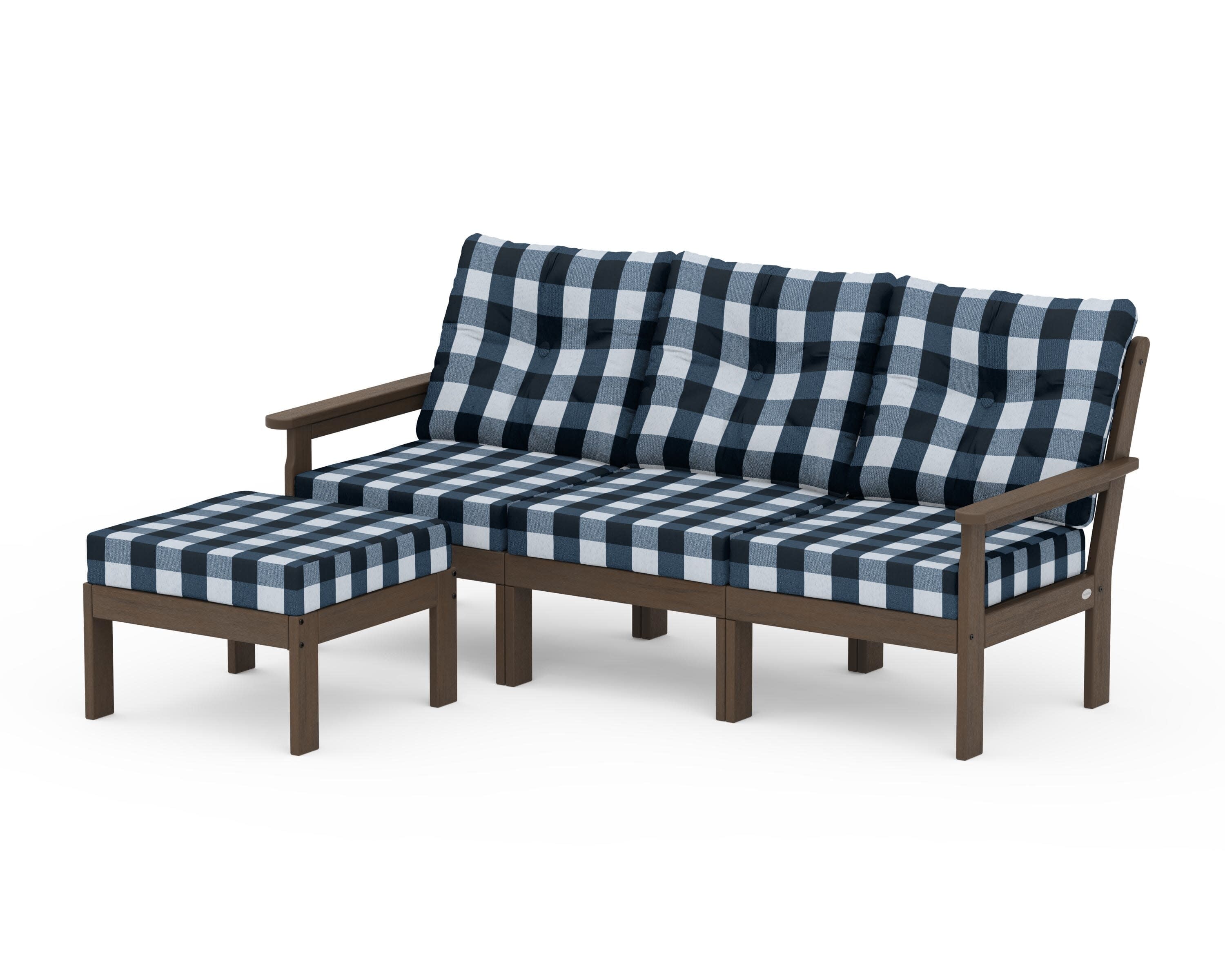 Vineyard 4-Piece Sectional with Ottoman in Kona / Buffalo Plaid Marine Indigo