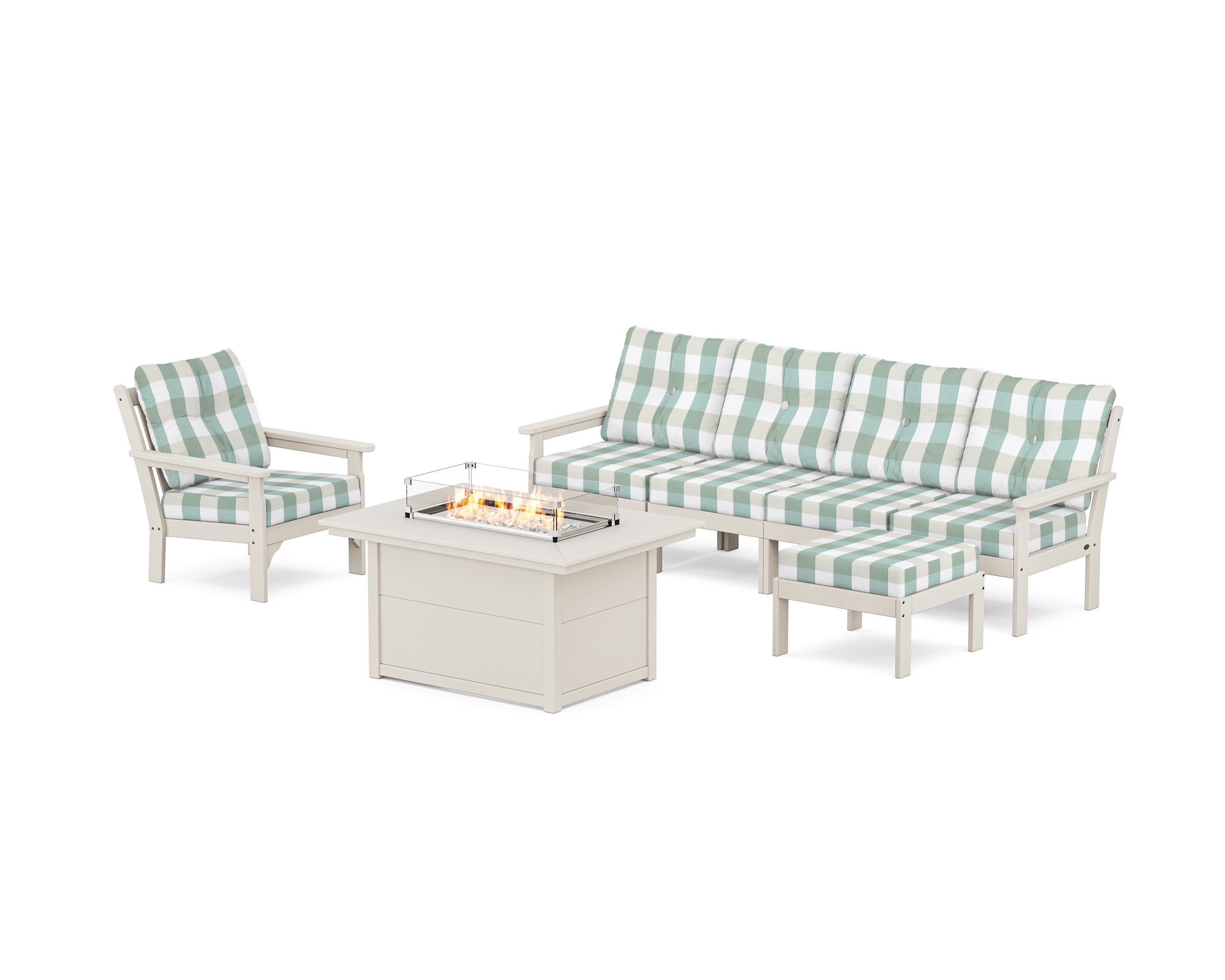 Vineyard Sectional Lounge and Fire Pit Set in Sand / Buffalo Plaid Glacier Spa