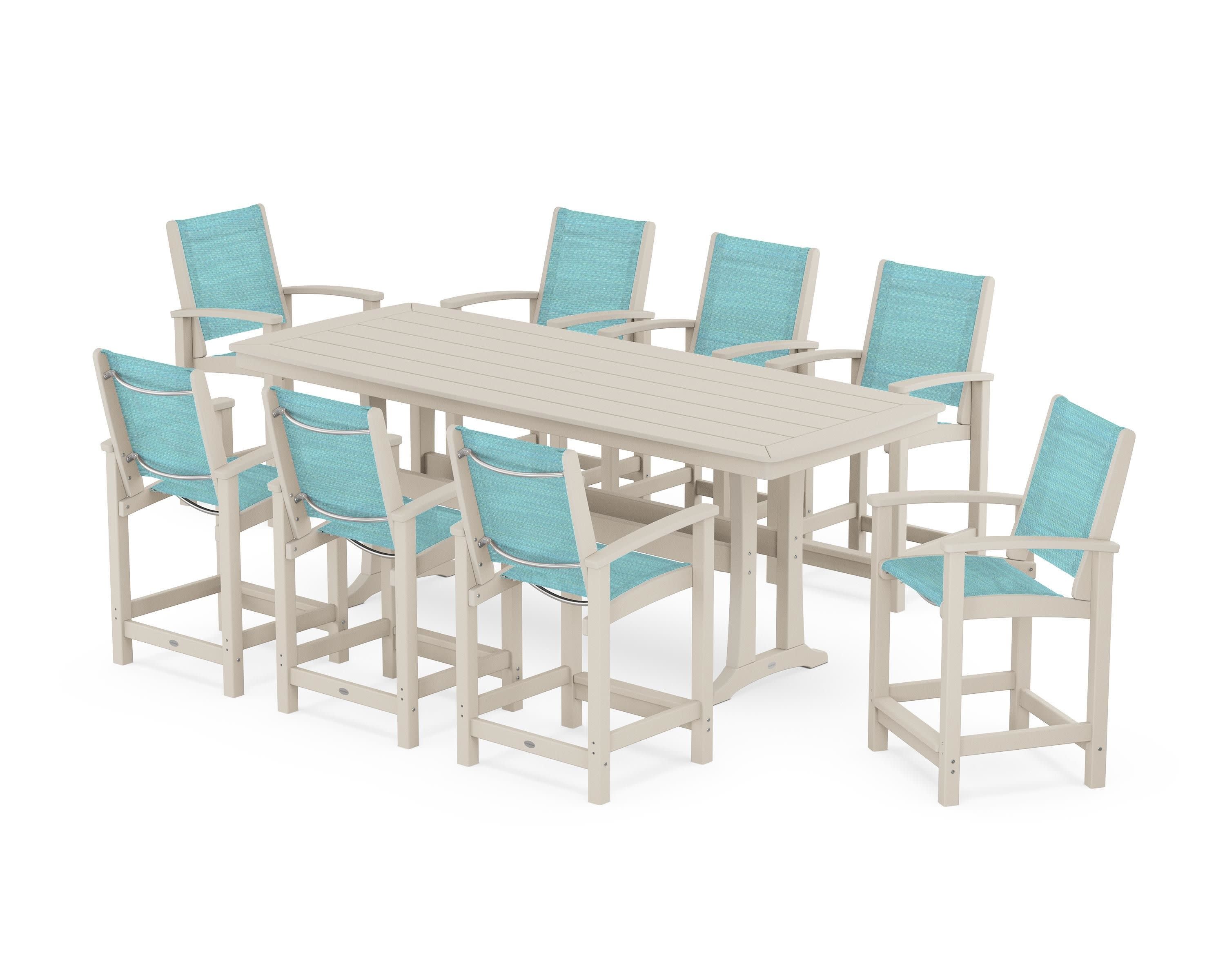 Coastal 9-Piece Counter Set with Trestle Legs in Sand / Dupioni Aquamarine Sling