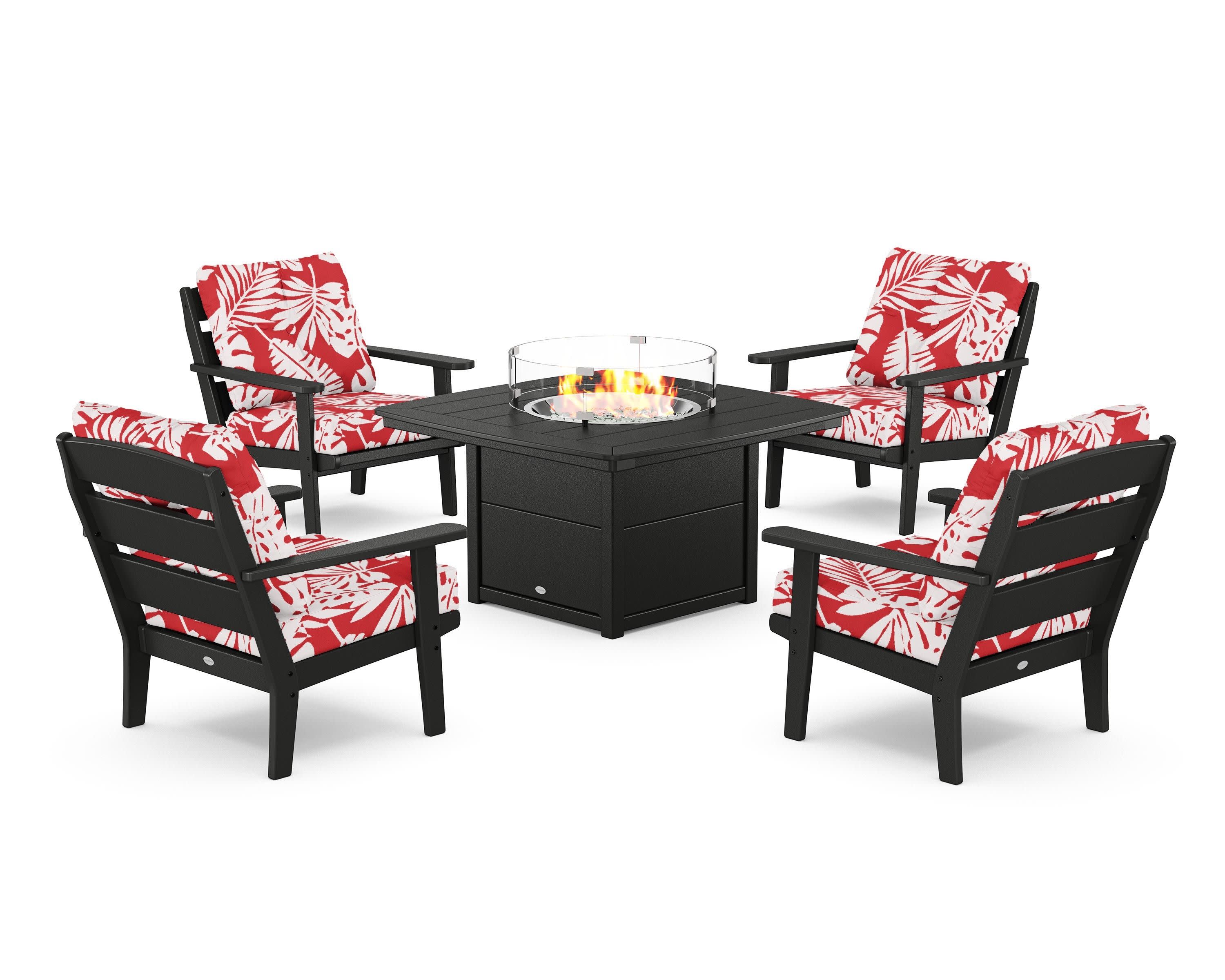 Lakeside 5-Piece Deep Seating Set with Nautical Fire Pit Table in Black / Leaf Crimson