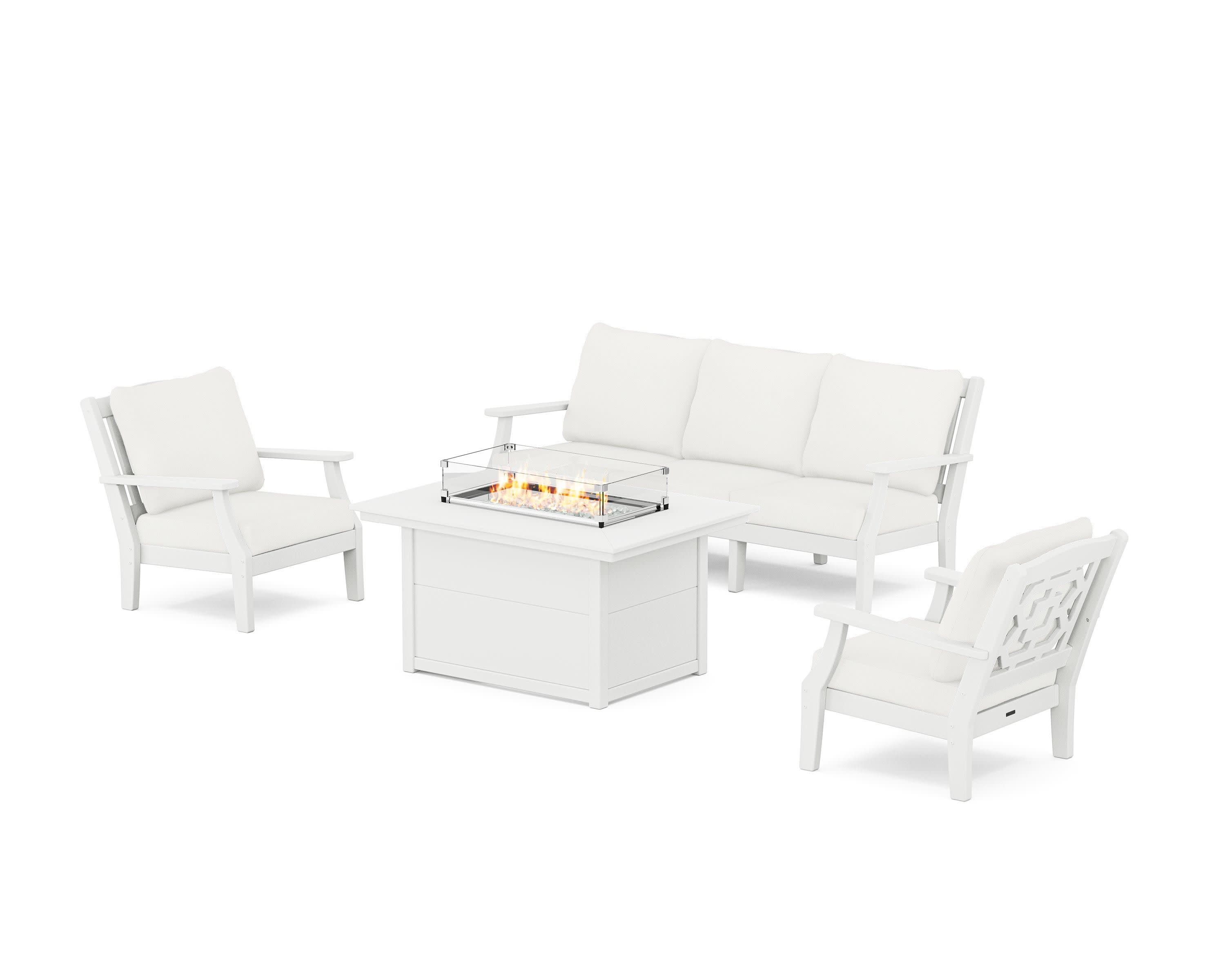 Chinoiserie Deep Seating Fire Pit Table Set in White / Natural Linen