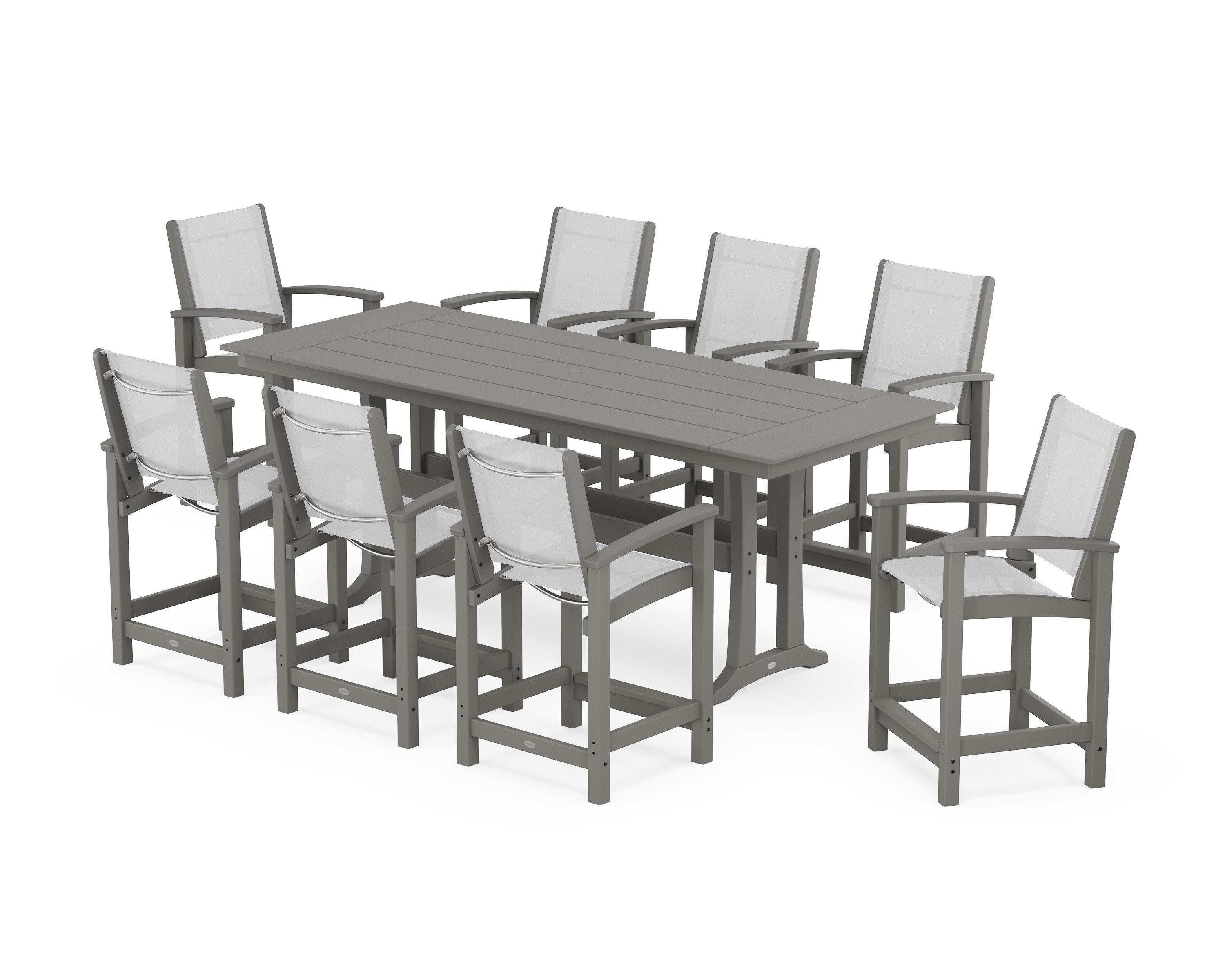Coastal 9-Piece Farmhouse Counter Set with Trestle Legs in Slate Grey / White Sling