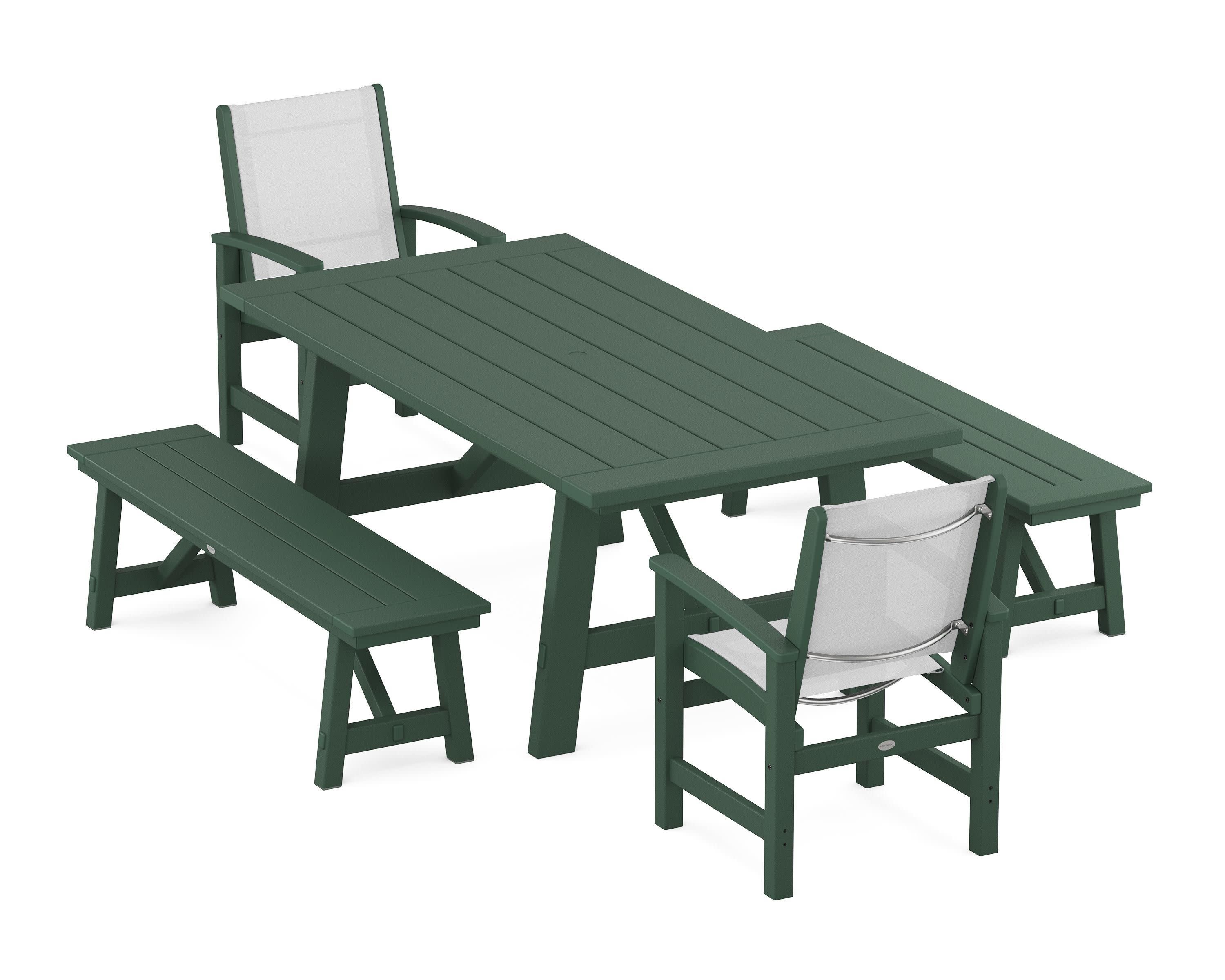 Coastal 5-Piece Rustic Farmhouse Dining Set With Benches in Green / White Sling