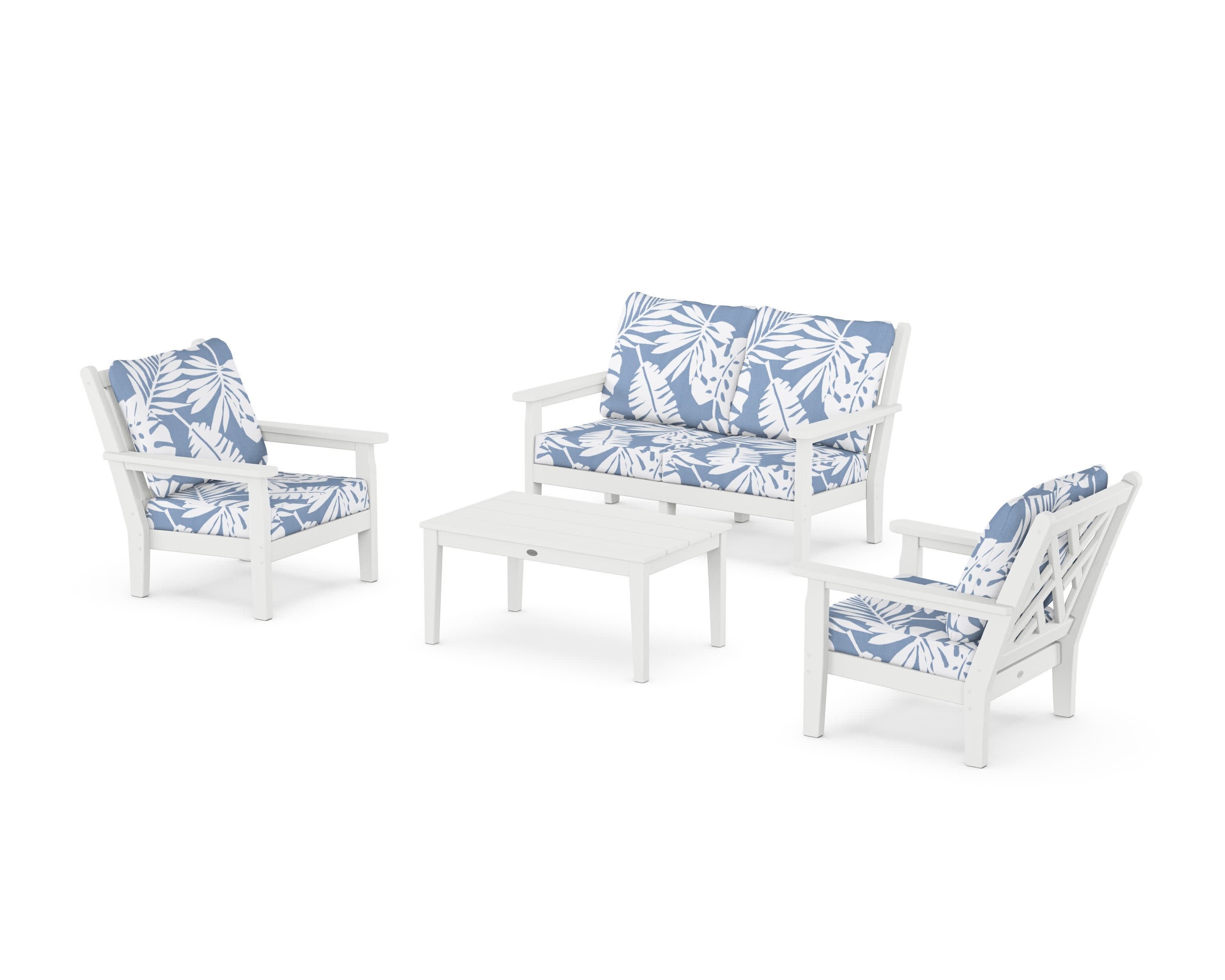 Chippendale 4-Piece Deep Seating Set with Loveseat in White / Leaf Sky Blue