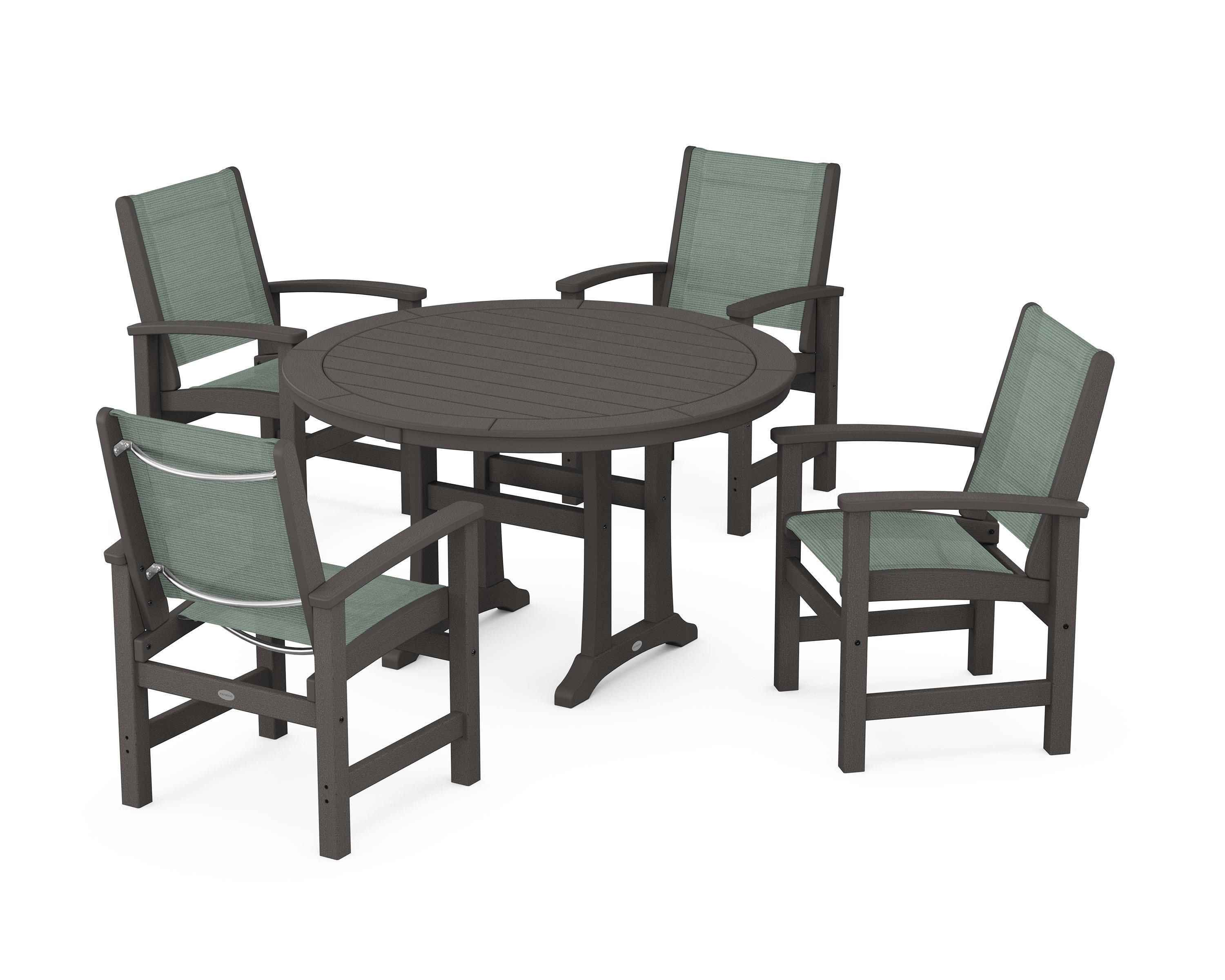 Coastal 5-Piece Round Dining Set with Trestle Legs in Vintage Coffee / Dupioni Sea Mist Sling