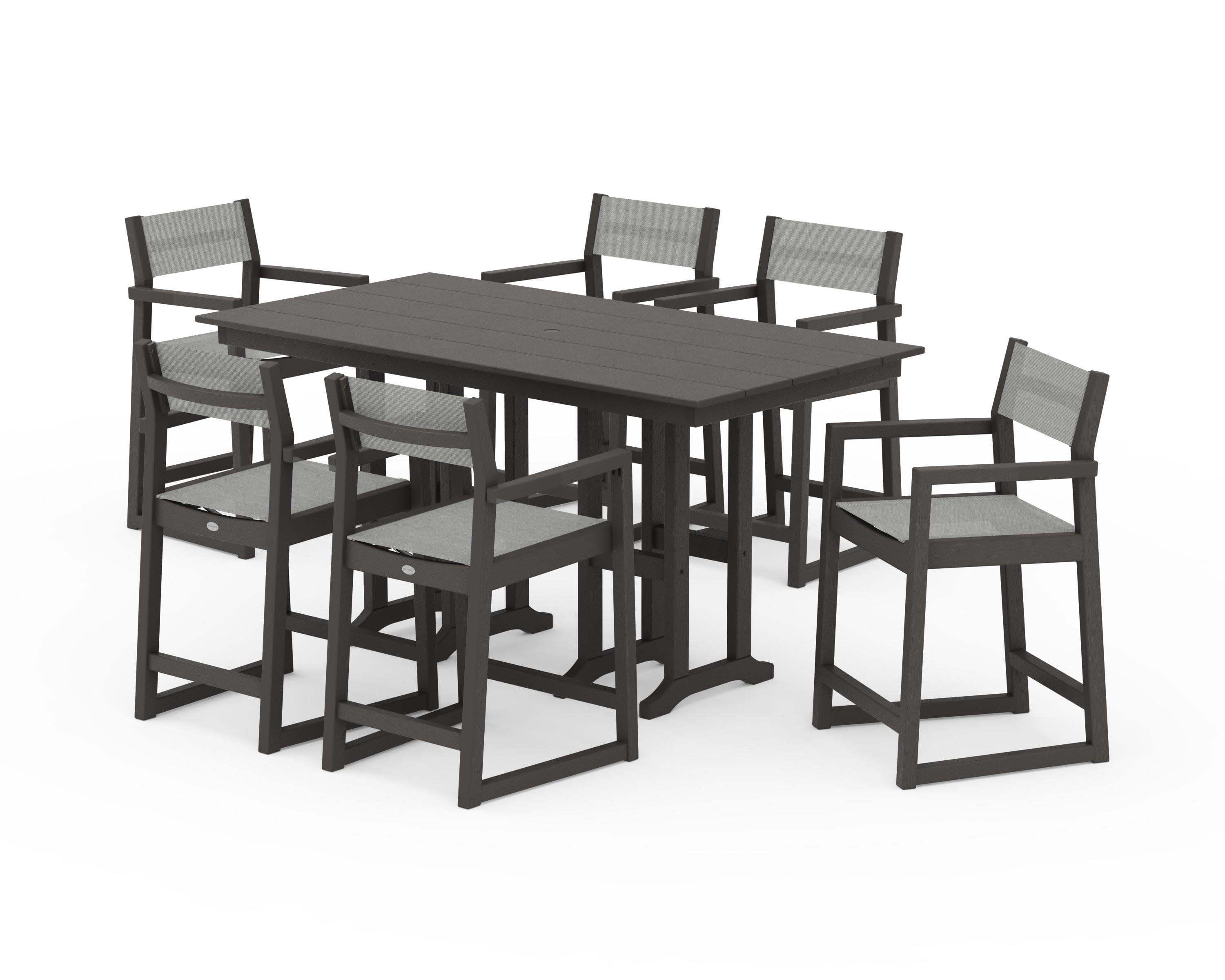 EDGE Sling Arm Chair 7-Piece Farmhouse Counter Set in Vintage Coffee / Metallic Sling