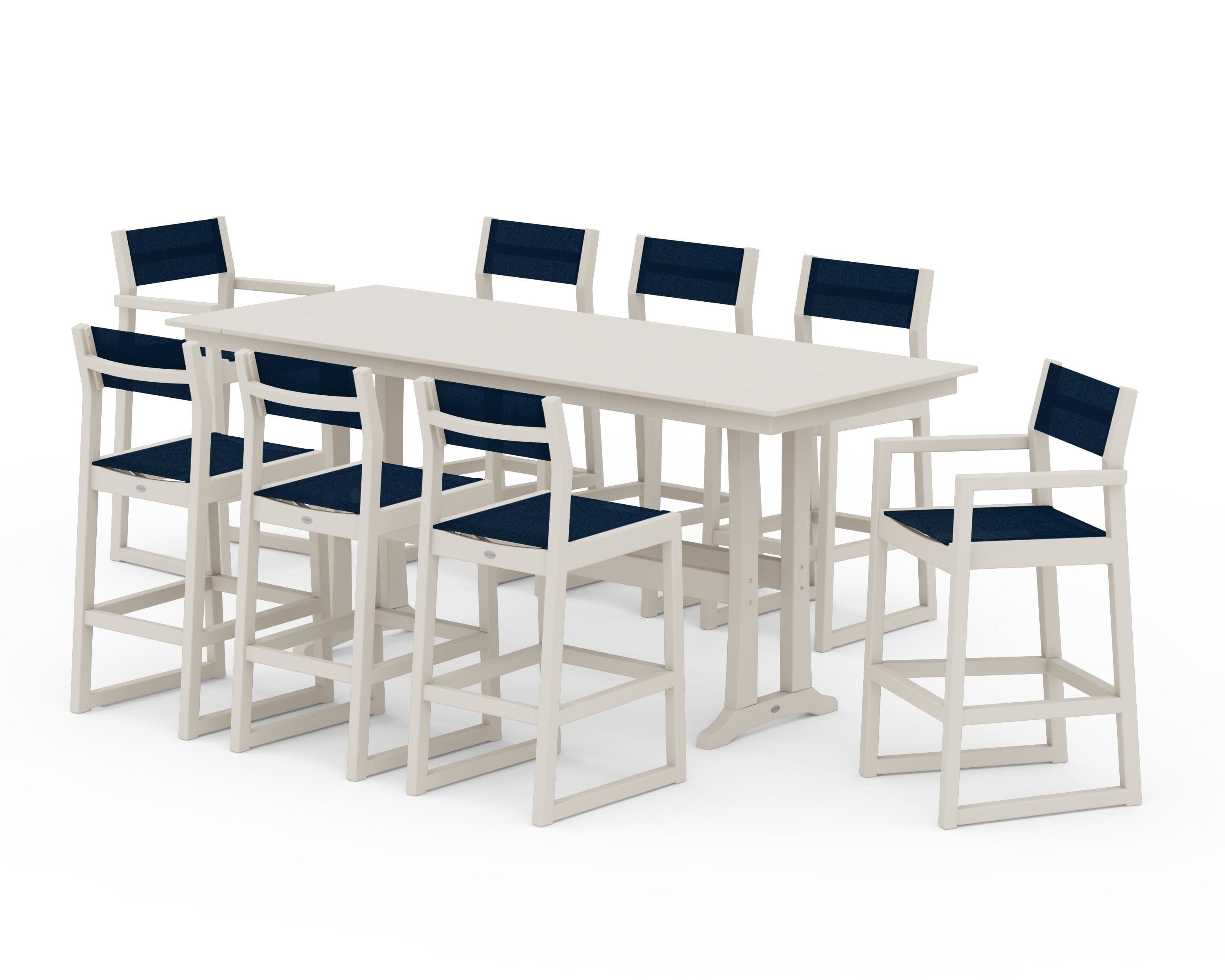 EDGE Sling 9-Piece Farmhouse Bar Set with Trestle Legs in Sand / Navy Blue Sling