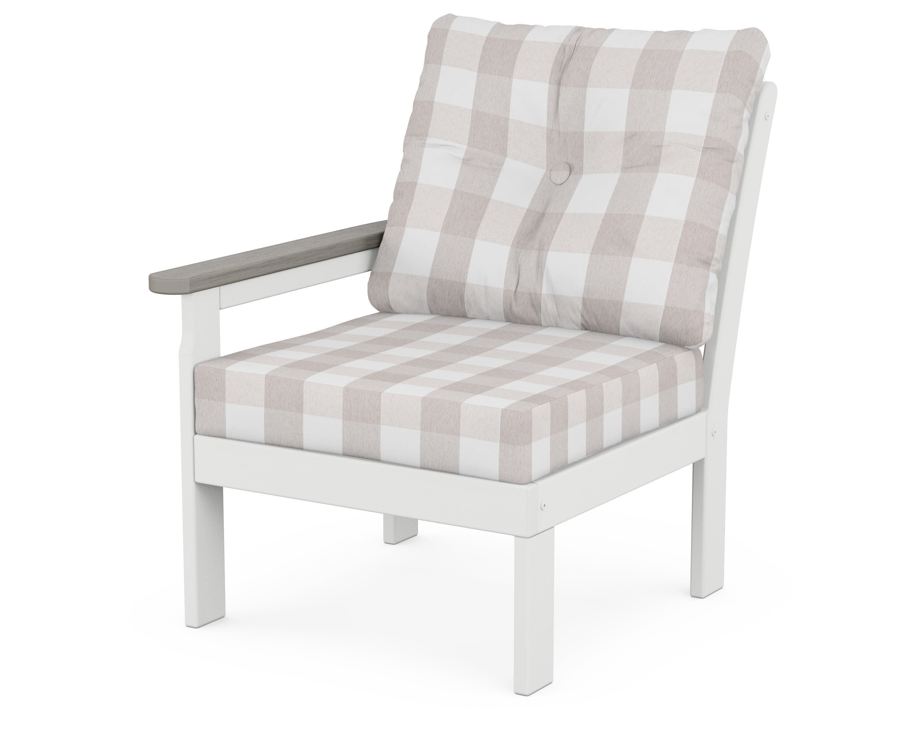Vineyard Modular Left Arm Chair in White / Driftwood / Buffalo Plaid Dune Burlap