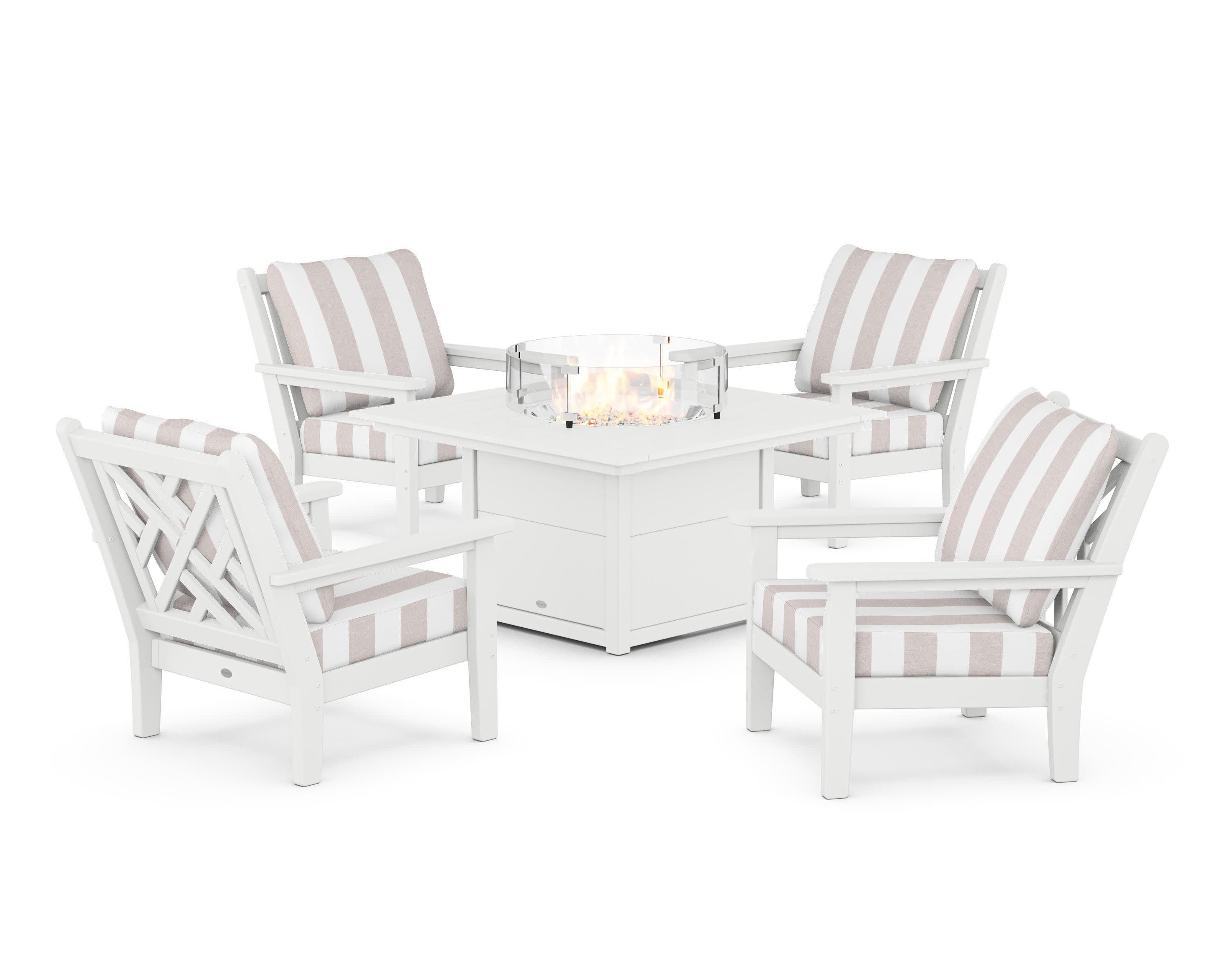 Chippendale 5-Piece Deep Seating Set with Fire Pit Table in White / Cabana Stripe Dune Burlap