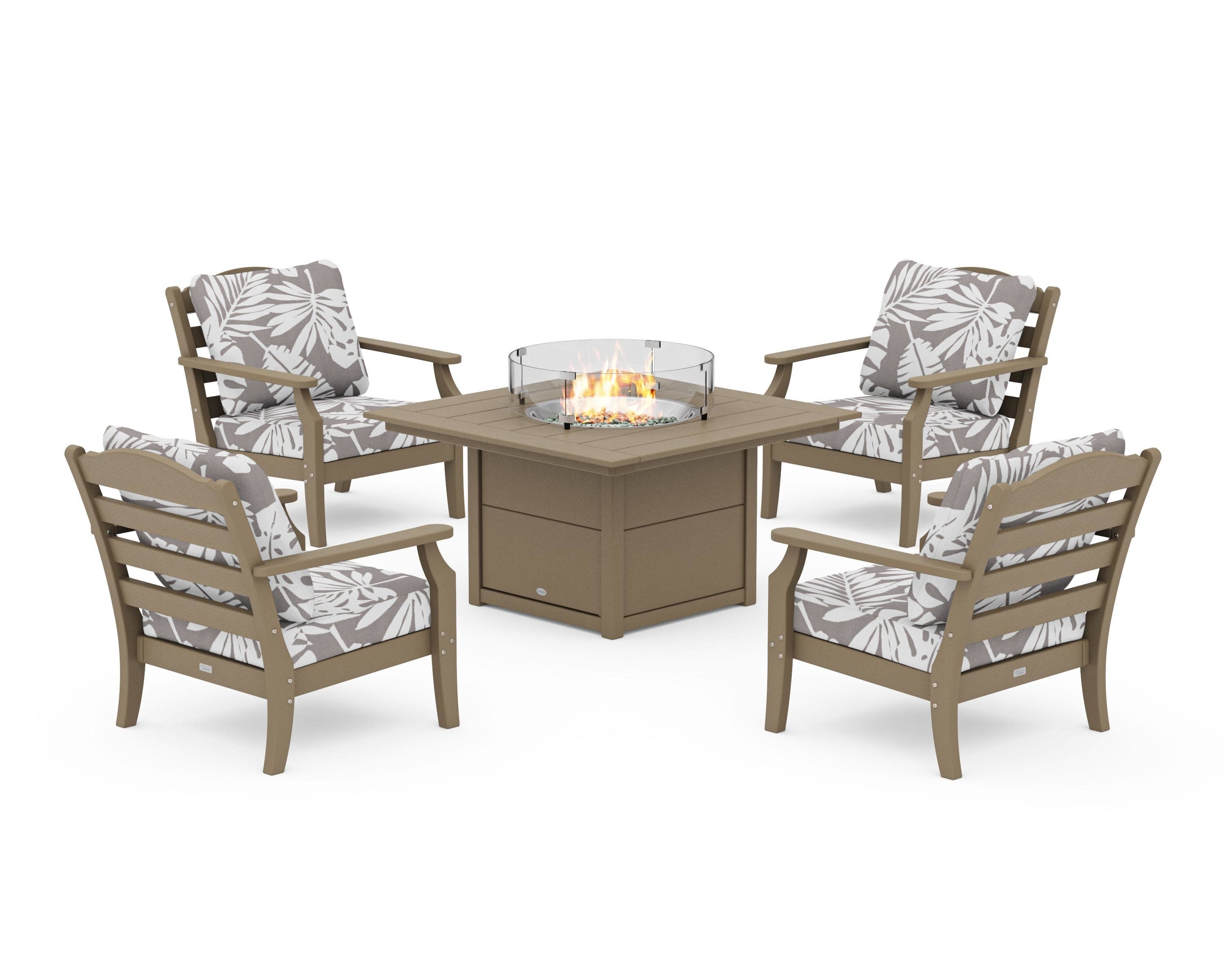 Savannah 5-Piece Deep Seating Set with Fire Pit Table in Vintage Sahara / Leaf Grey Mist