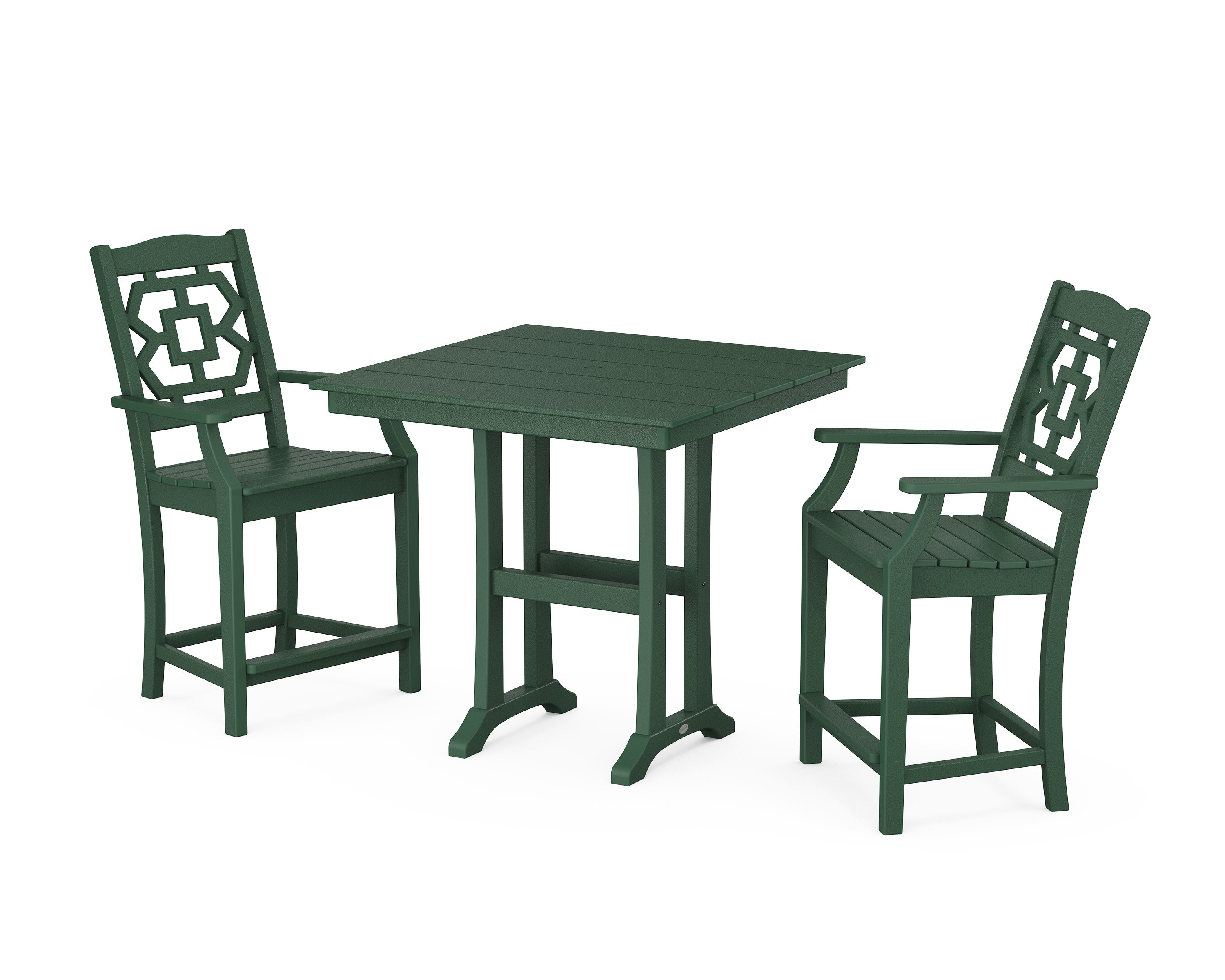 Chinoiserie 3-Piece Farmhouse Counter Set with Trestle Legs in Green