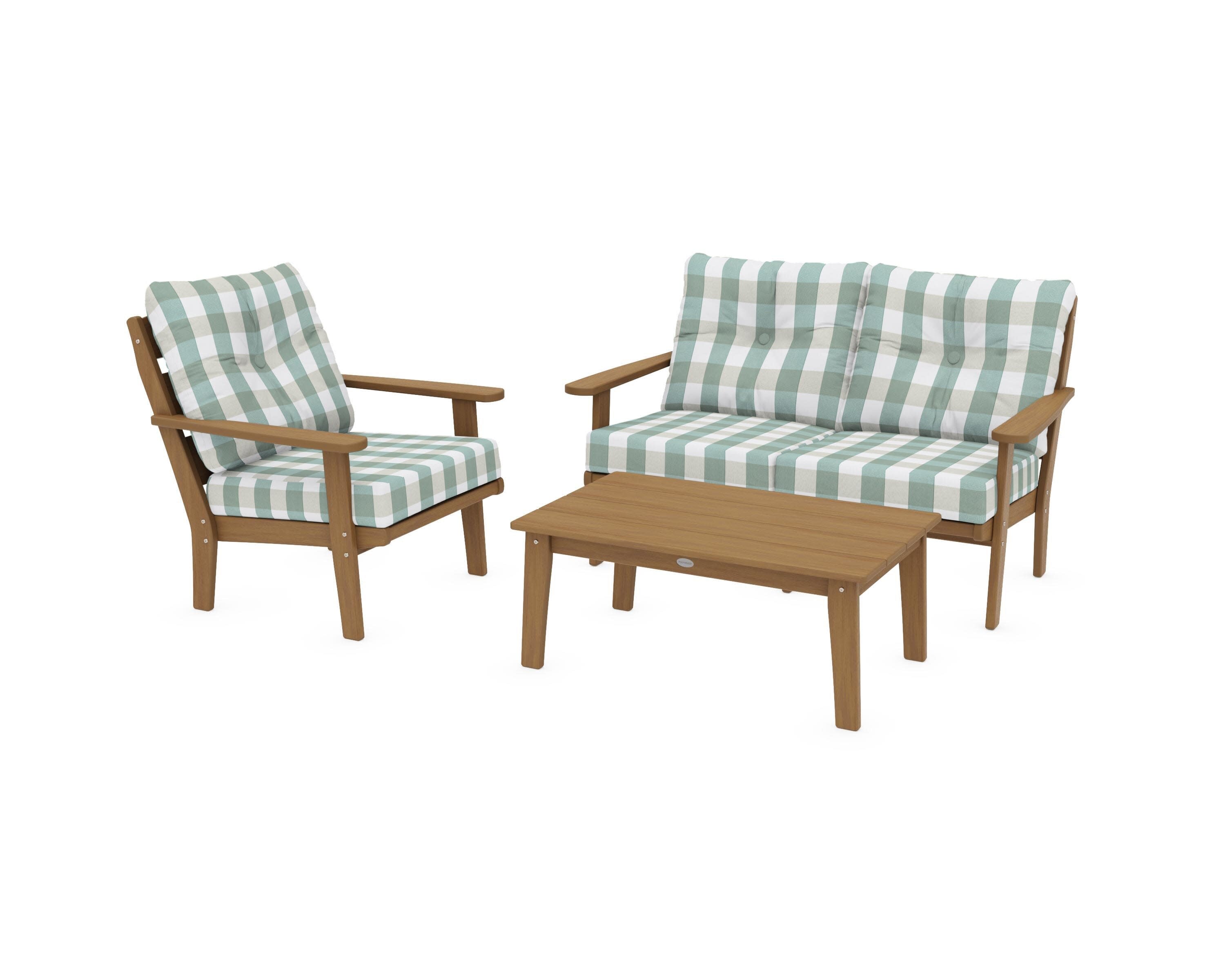 Lakeside 3-Piece Deep Seating Set in Natural / Buffalo Plaid Glacier Spa