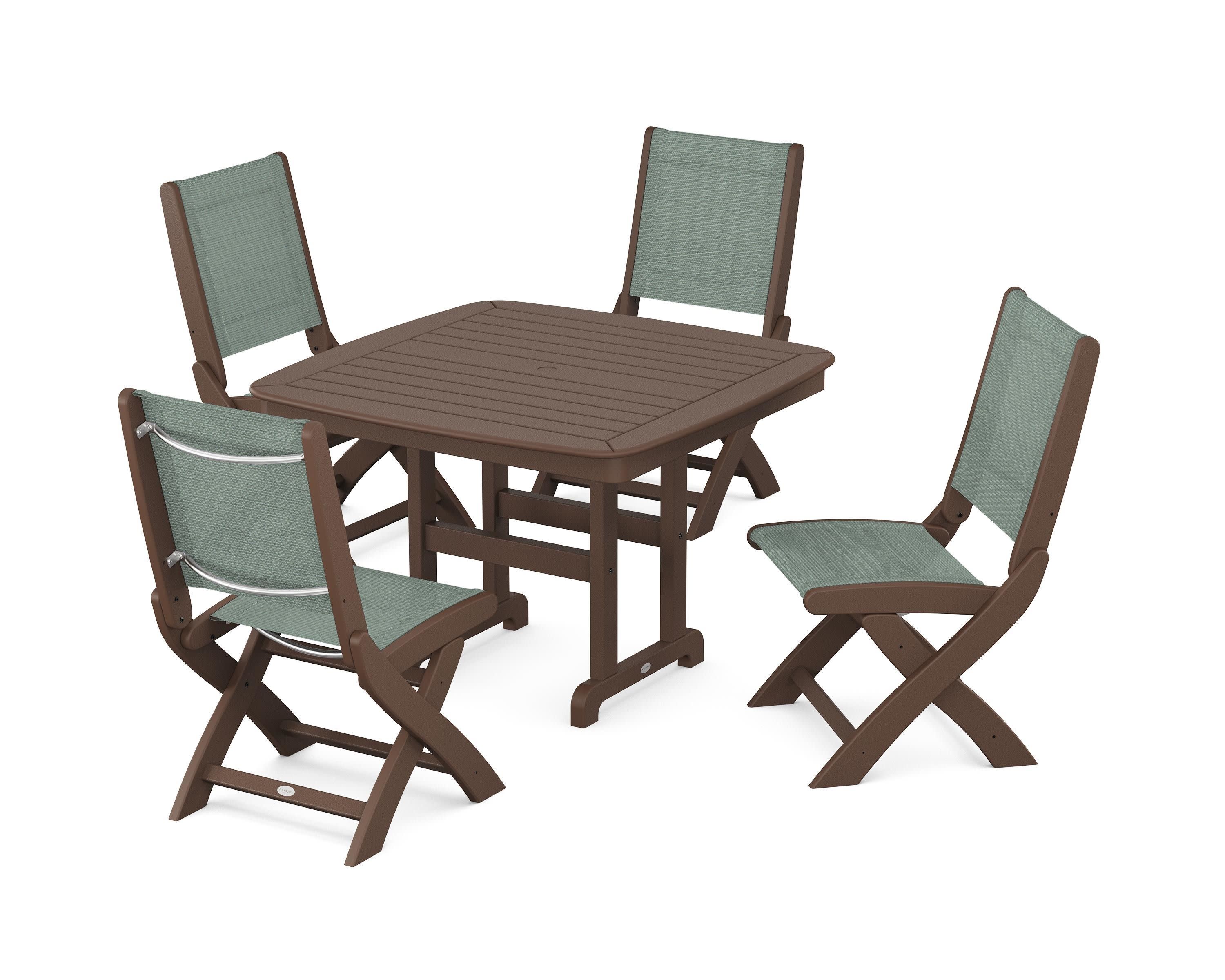 Coastal Folding Side Chair 5-Piece Dining Set in Mahogany / Dupioni Sea Mist Sling