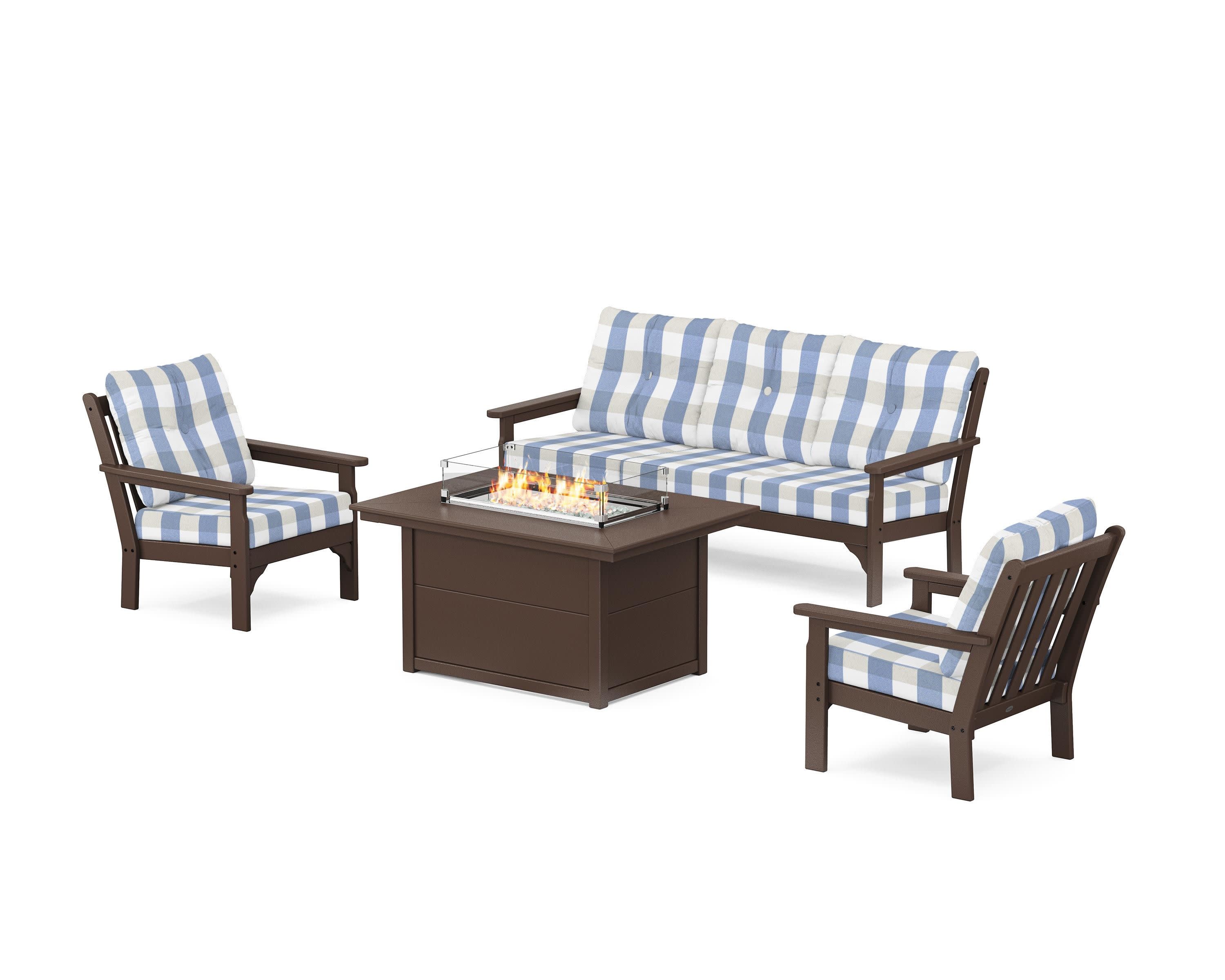 Vineyard Deep Seating Fire Pit Table Set in Mahogany / Buffalo Plaid Sky Blue