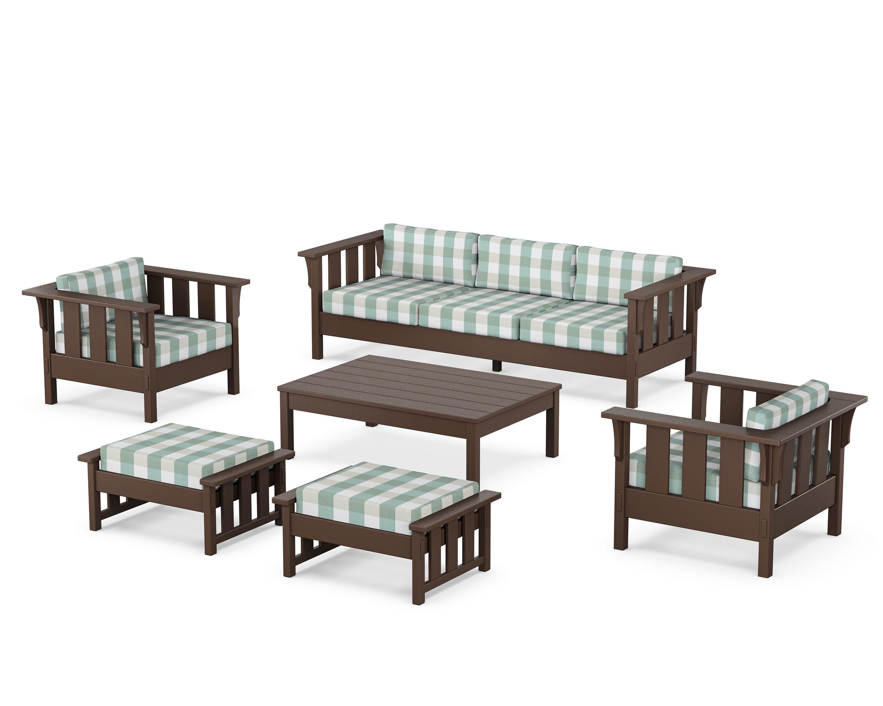 Acadia 6-Piece Lounge Sofa Set in Mahogany / Buffalo Plaid Glacier Spa