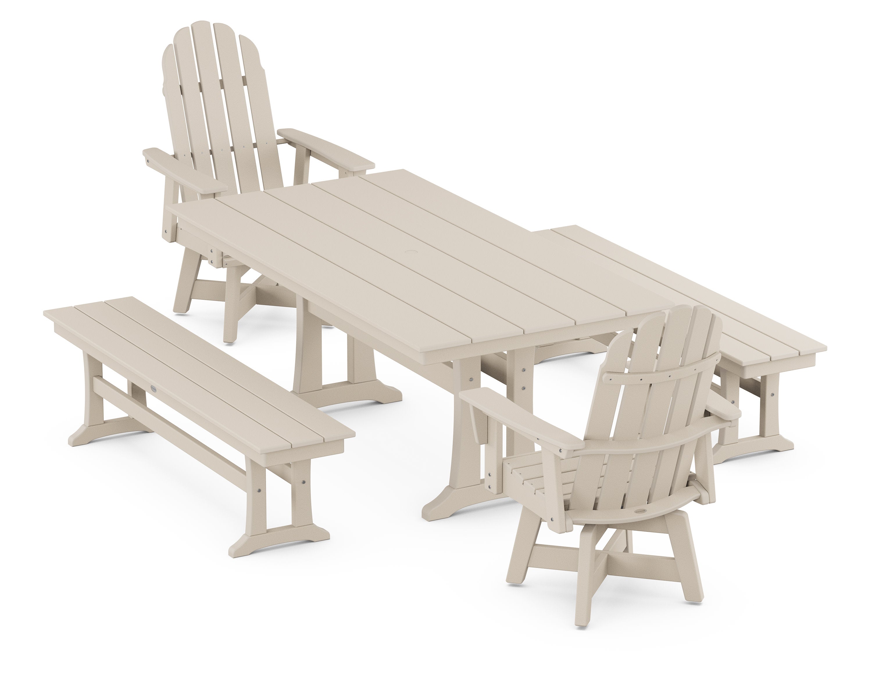 Vineyard Curveback Adirondack Swivel Chair 5-Piece Farmhouse Dining Set With Trestle Legs and Benches in Sand