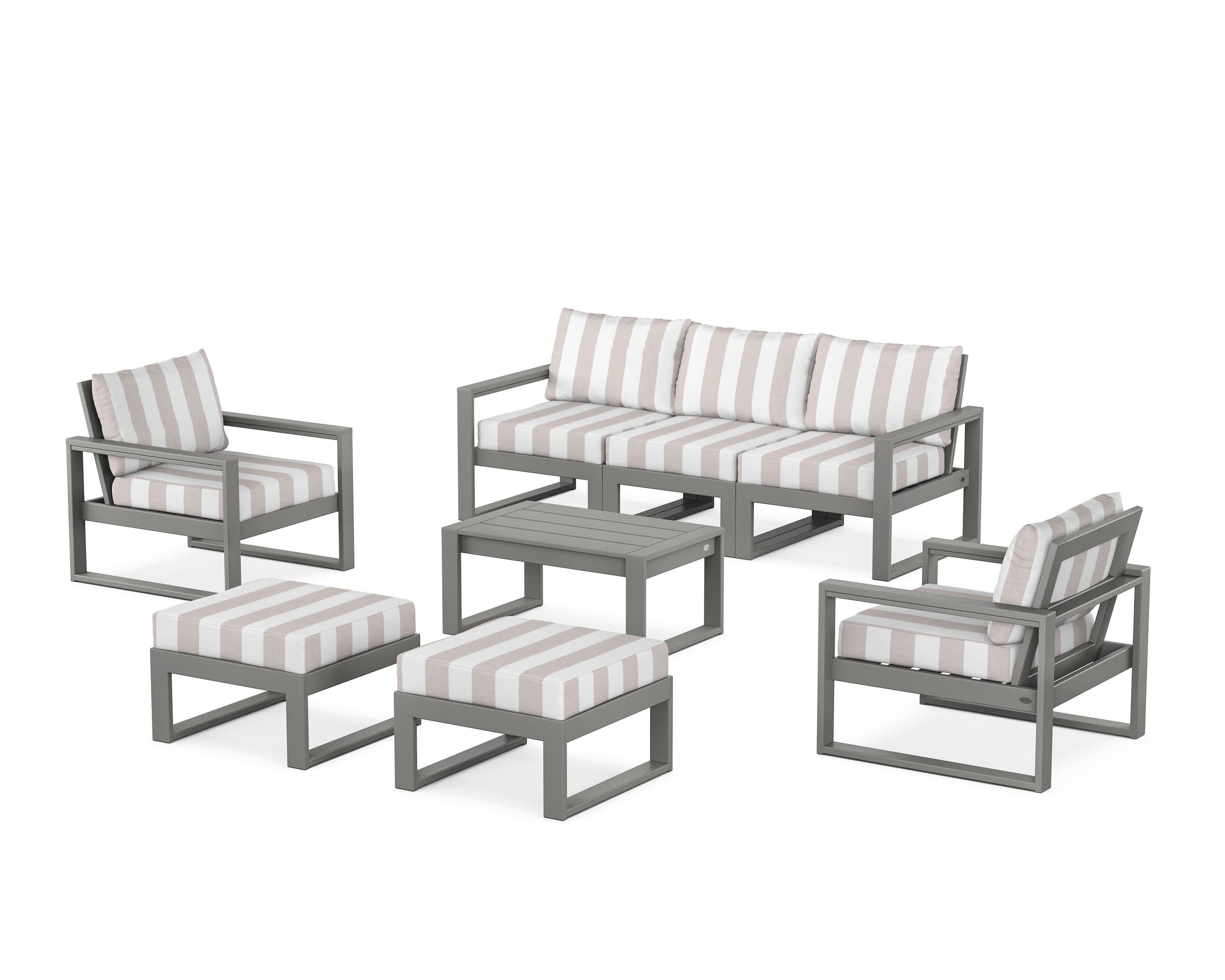 EDGE Sectional 8-Piece Lounge Sofa Set in Slate Grey / Cabana Stripe Dune Burlap