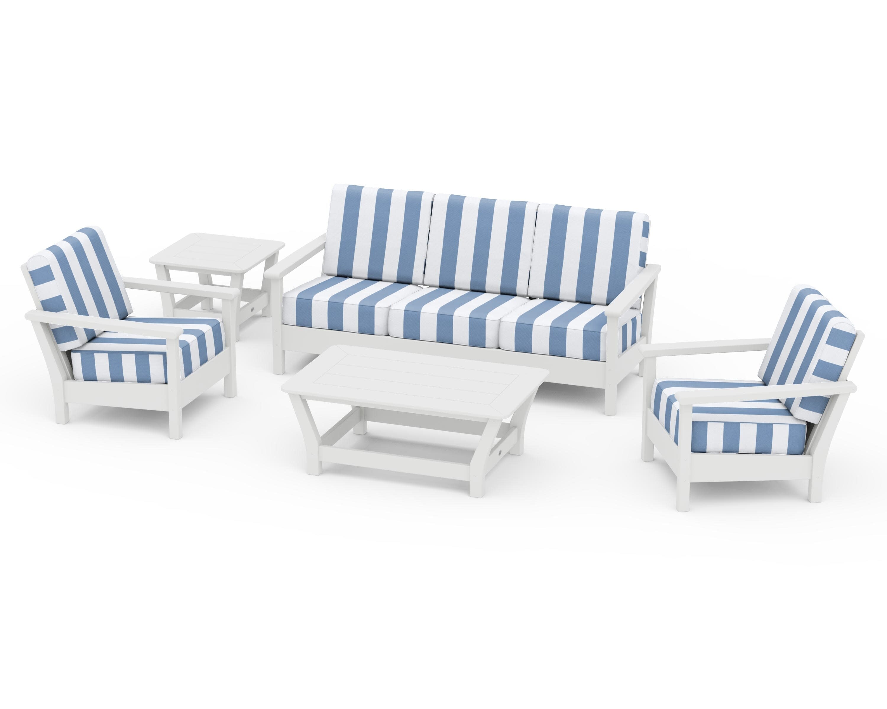 Harbour 5-Piece Deep Seating Set in White / Cabana Stripe Sky Blue