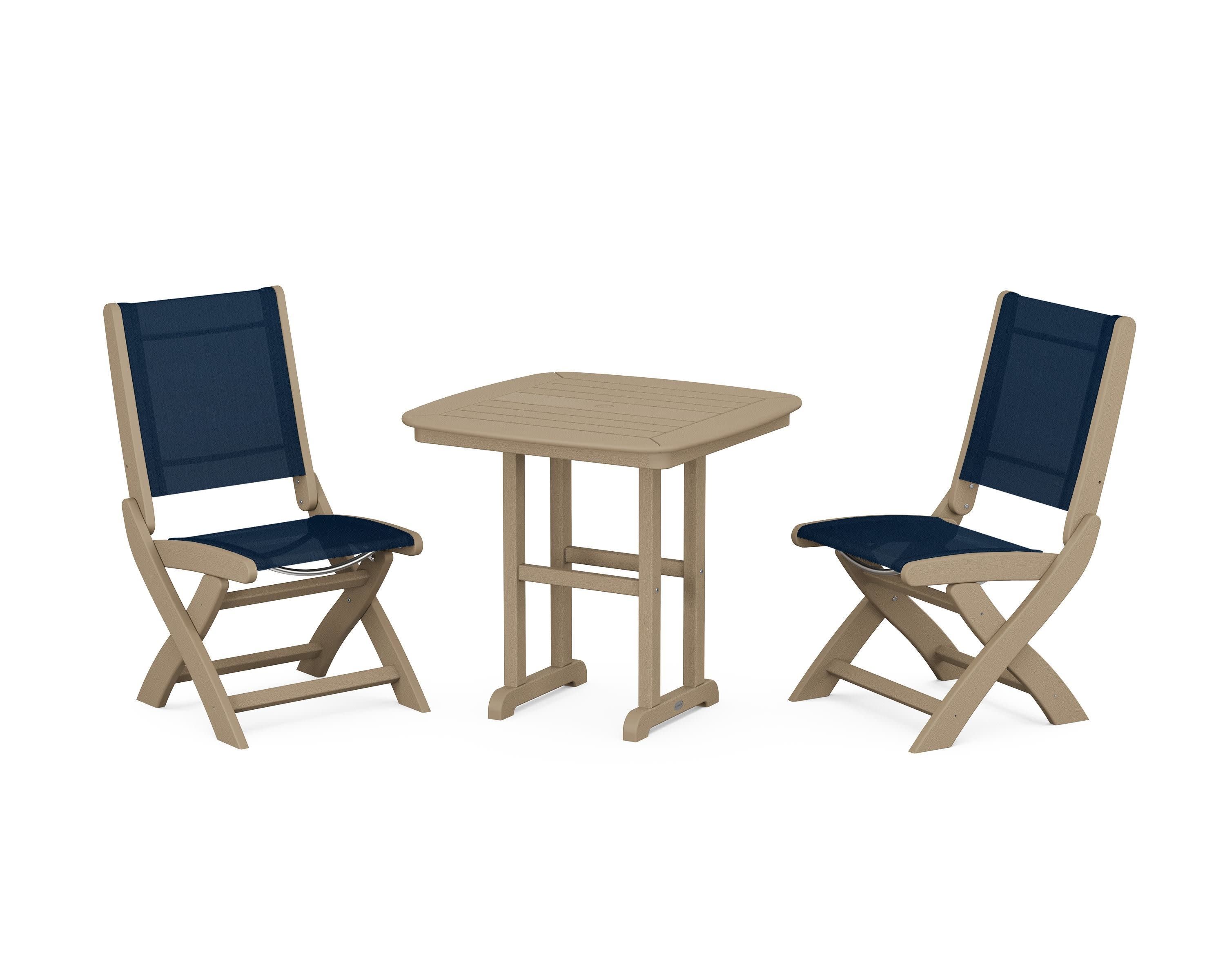 Coastal Folding Side Chair 3-Piece Dining Set in Vintage Sahara / Navy Blue Sling