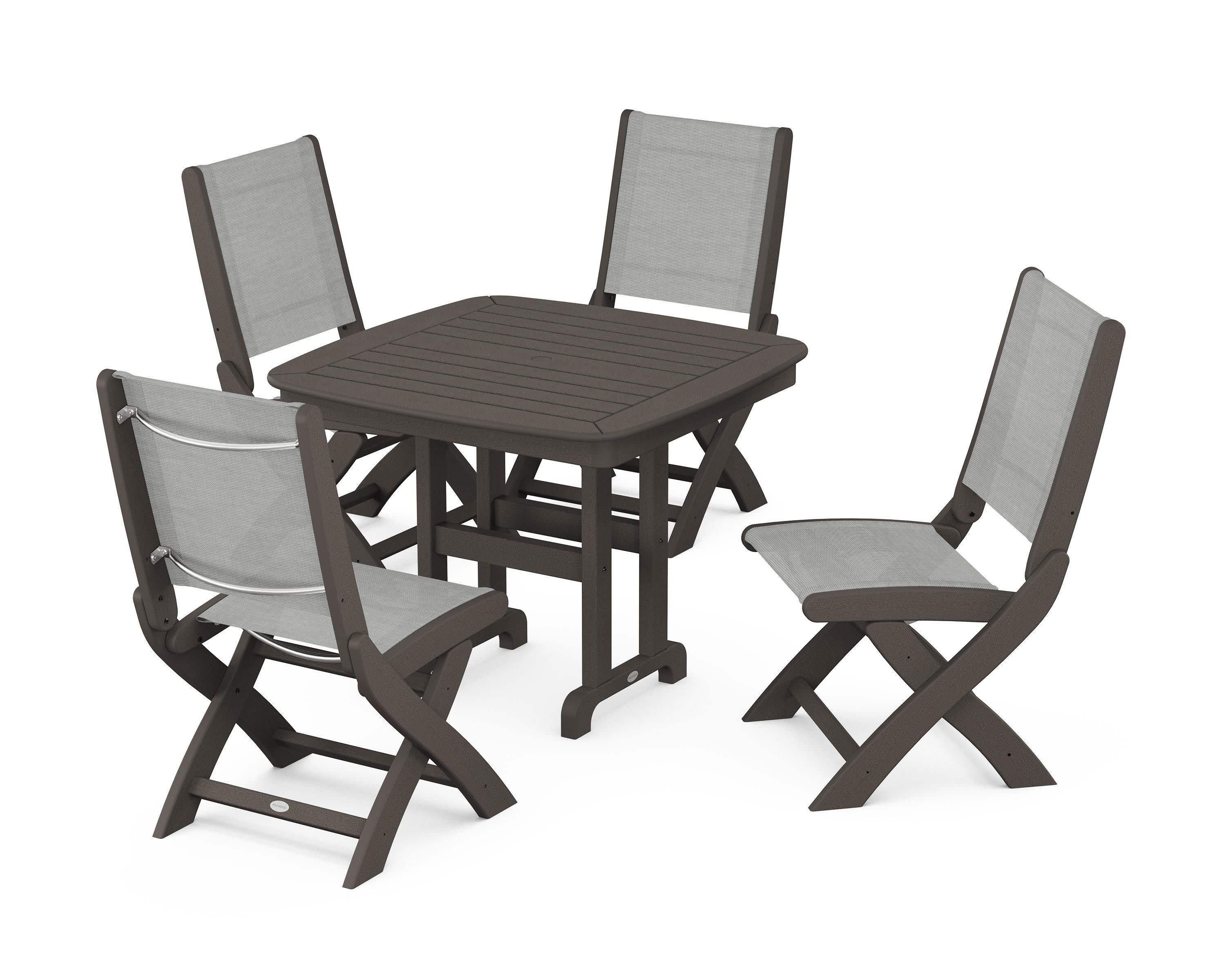 Coastal Folding Side Chair 5-Piece Dining Set in Vintage Coffee / Metallic Sling