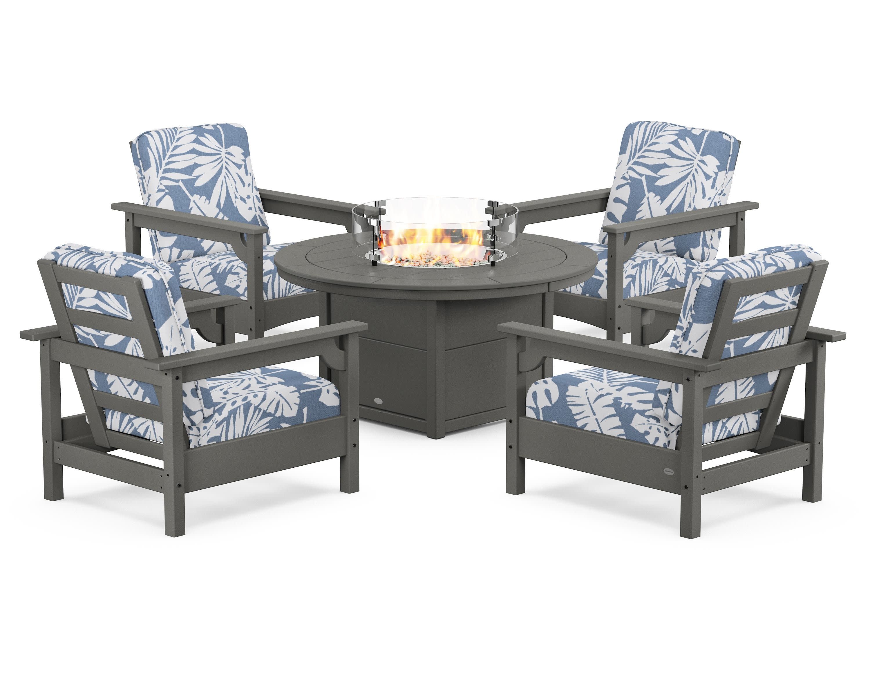 Club 5-Piece Conversation Set with Fire Pit Table in Slate Grey / Leaf Sky Blue