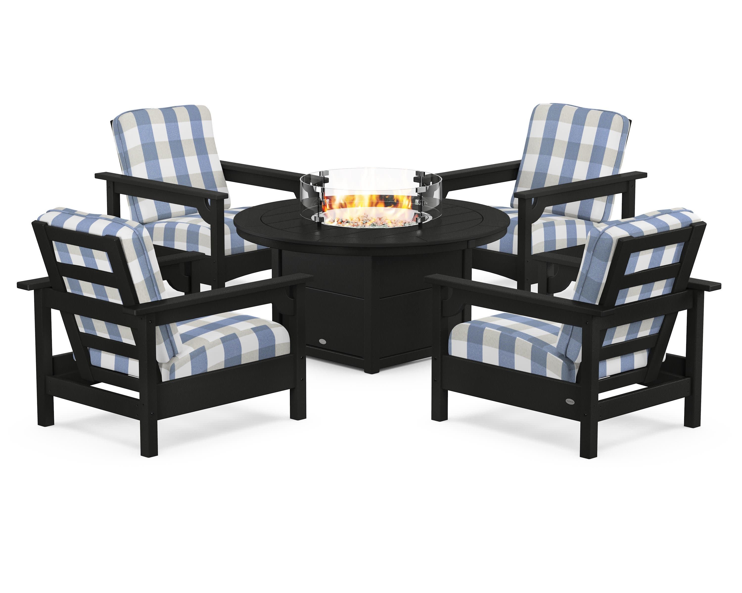 Club 5-Piece Conversation Set with Fire Pit Table in Black / Buffalo Plaid Sky Blue