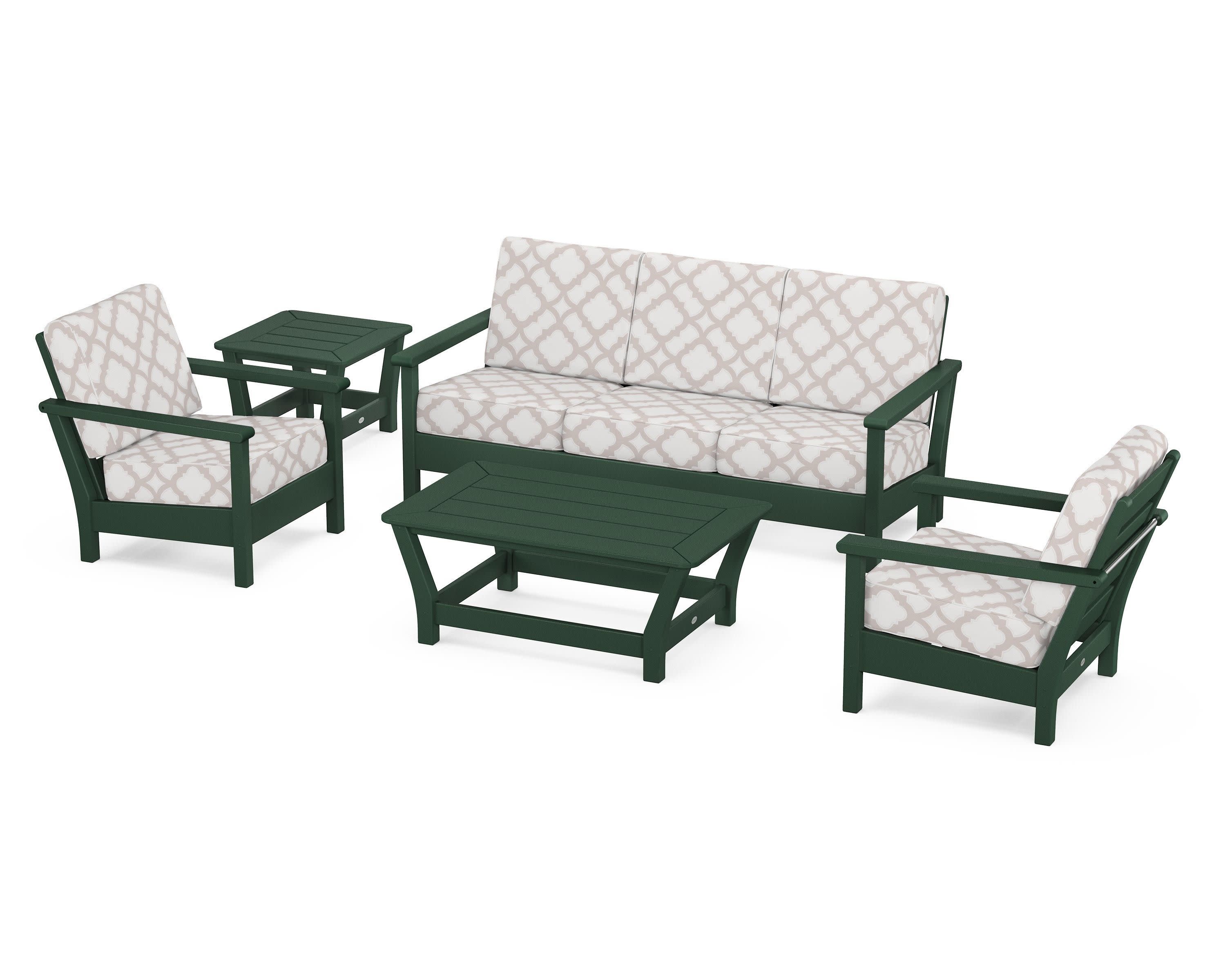Harbour 5-Piece Deep Seating Set in Green / Trellis Dune Burlap