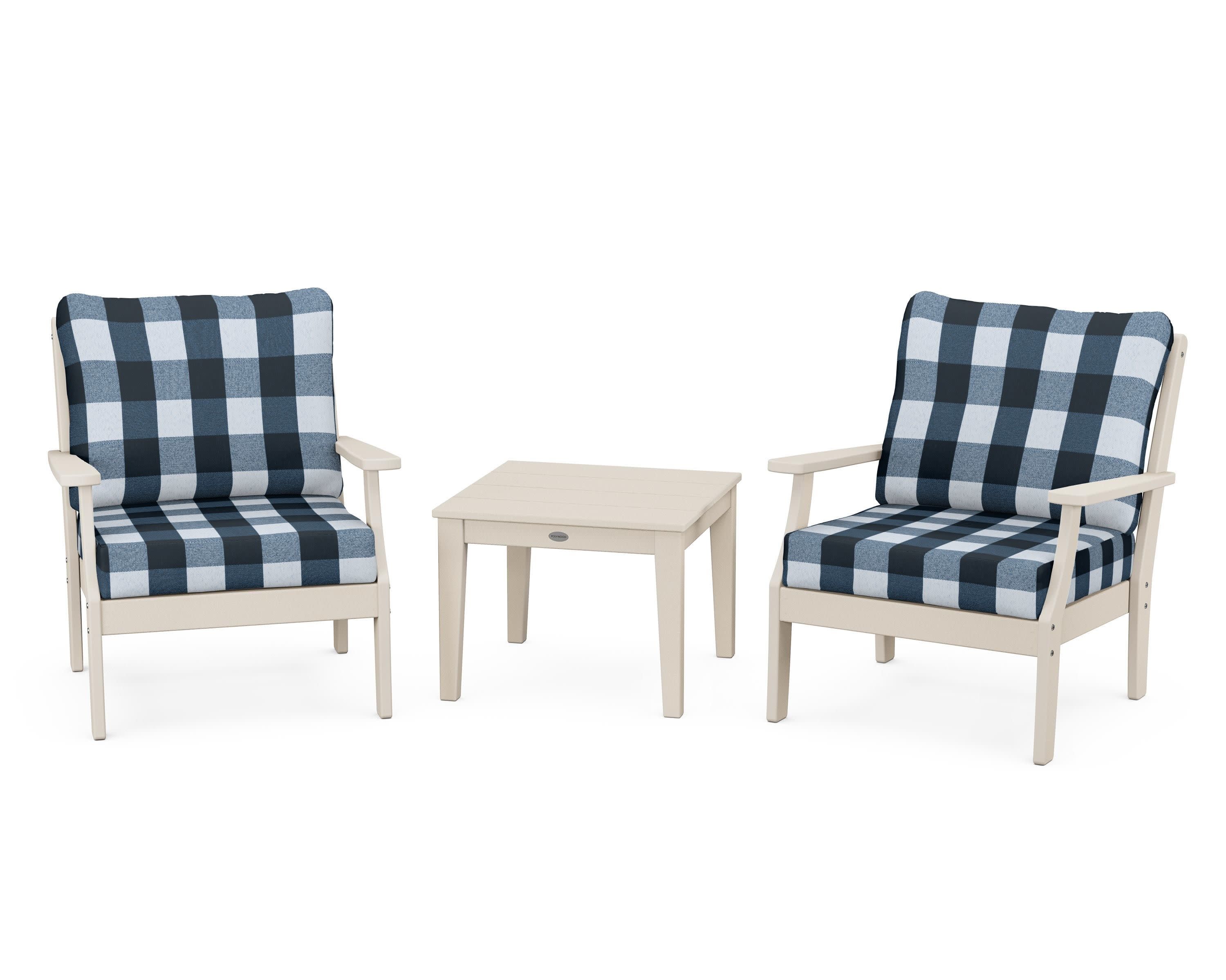 Braxton 3-Piece Deep Seating Set in Sand / Buffalo Plaid Marine Indigo
