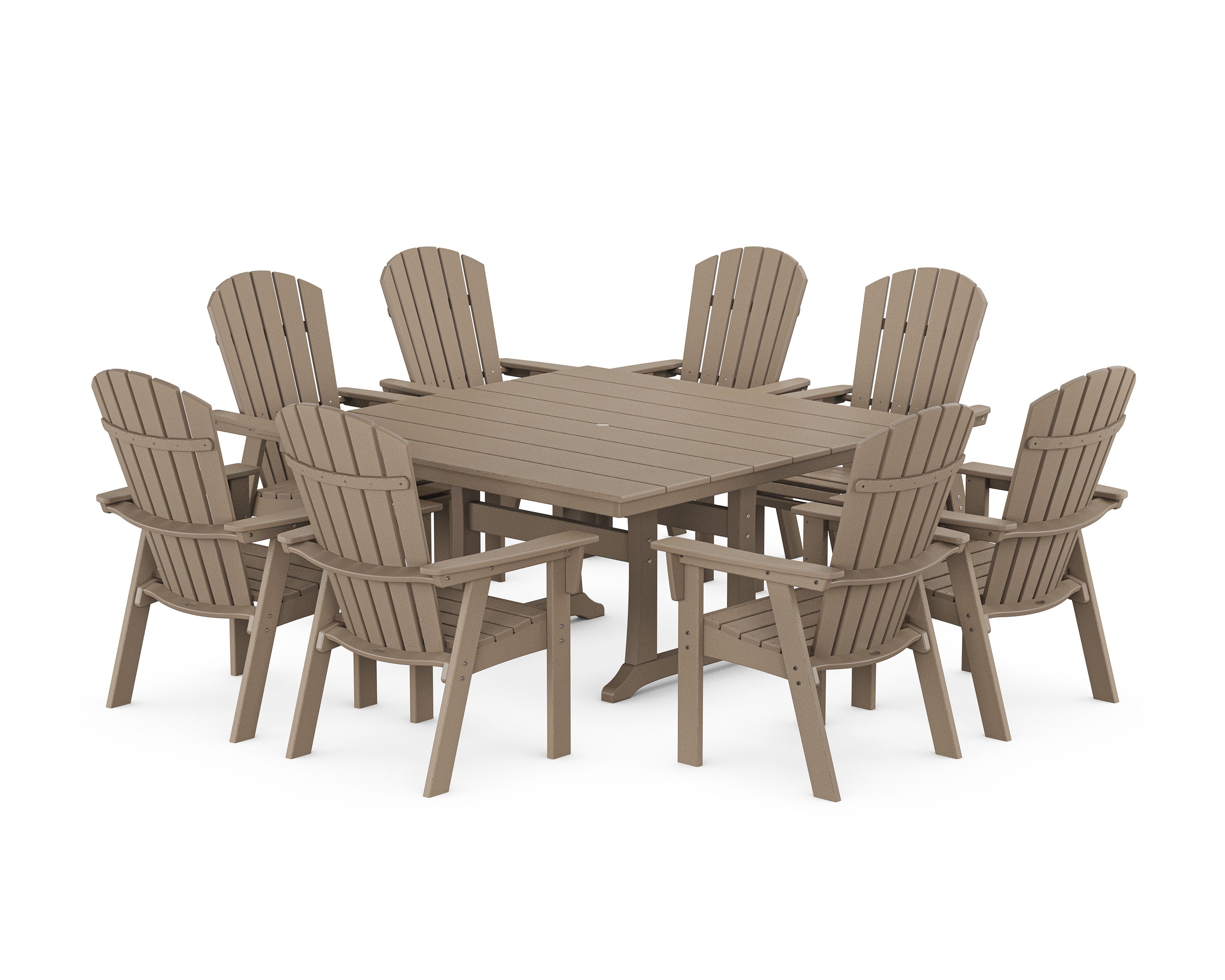 Nautical Curveback Adirondack 9-Piece Square Dining Set with Trestle Legs in Vintage Sahara