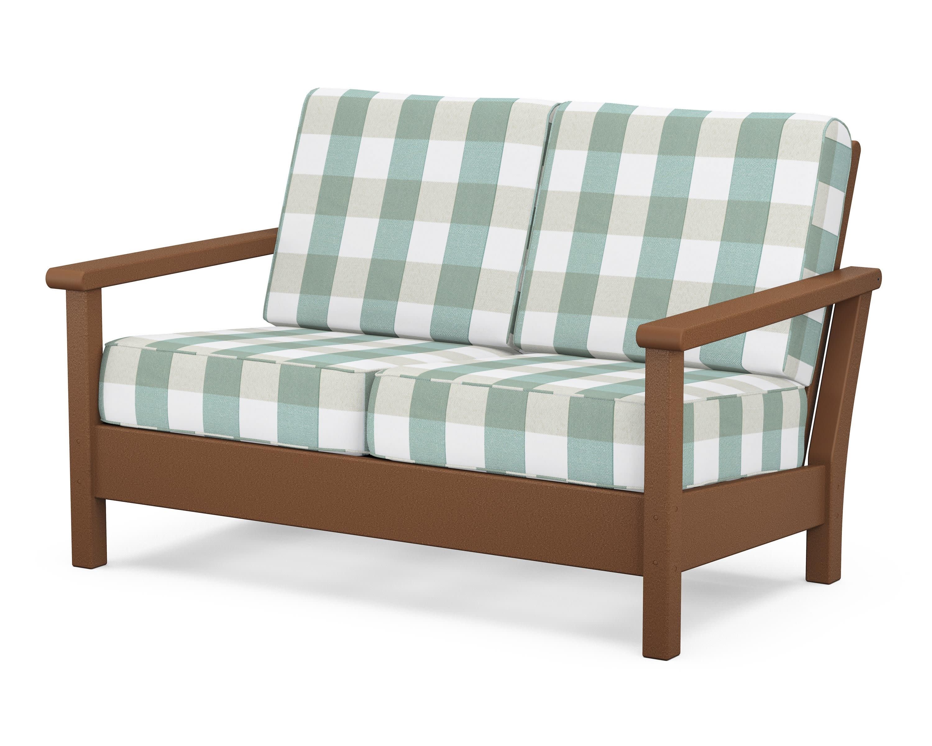 Harbour Deep Seating Loveseat in Teak / Buffalo Plaid Glacier Spa