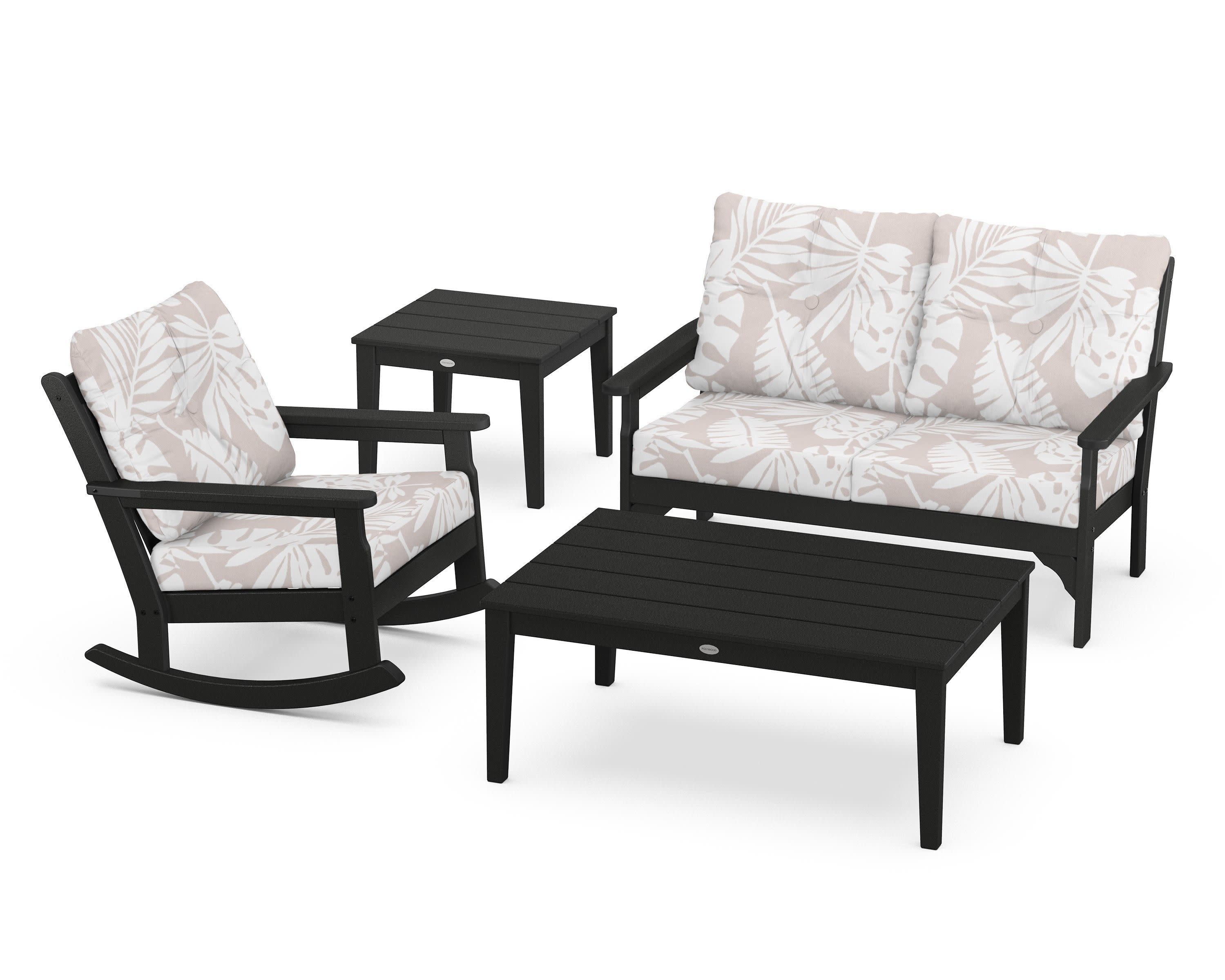 Vineyard 4-Piece Deep Seating Rocker Set in Black / Leaf Dune Burlap