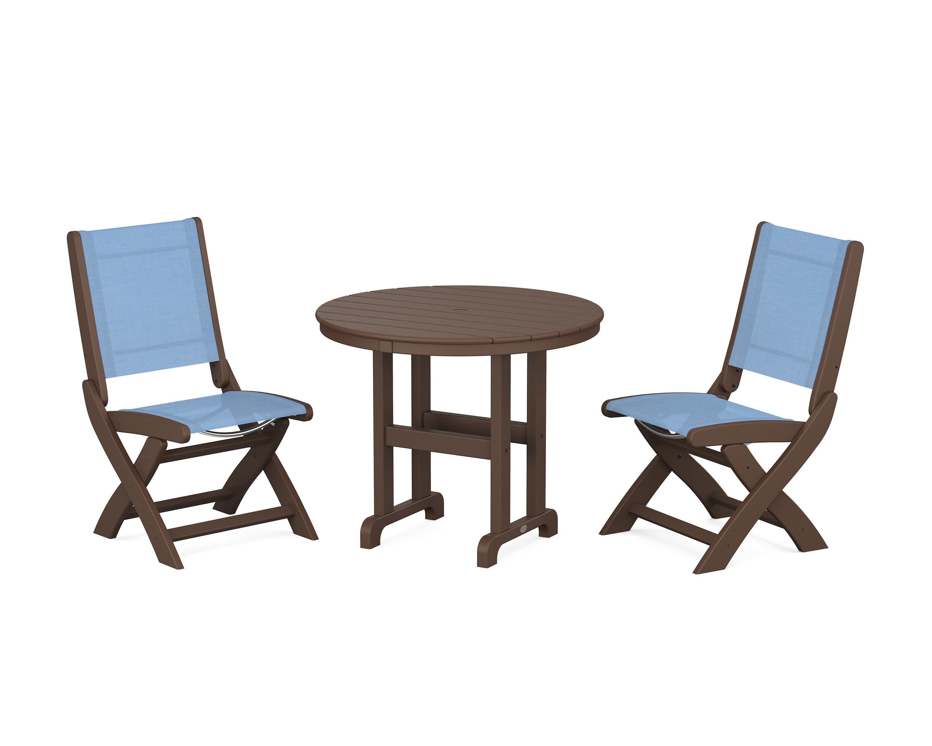 Coastal Folding Side Chair 3-Piece Round Dining Set in Mahogany / Poolside Sling