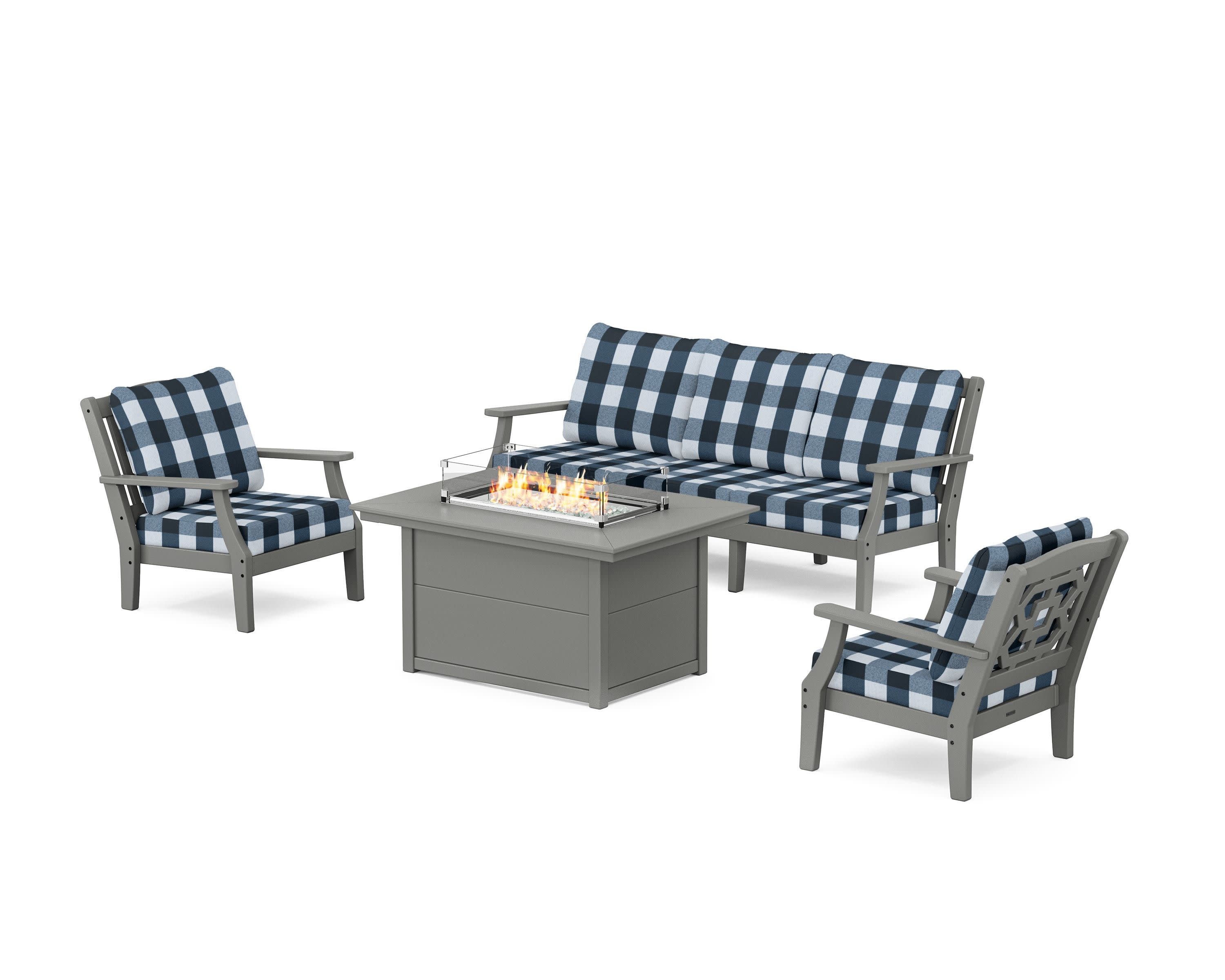 Chinoiserie Deep Seating Fire Pit Table Set in Slate Grey / Buffalo Plaid Marine Indigo