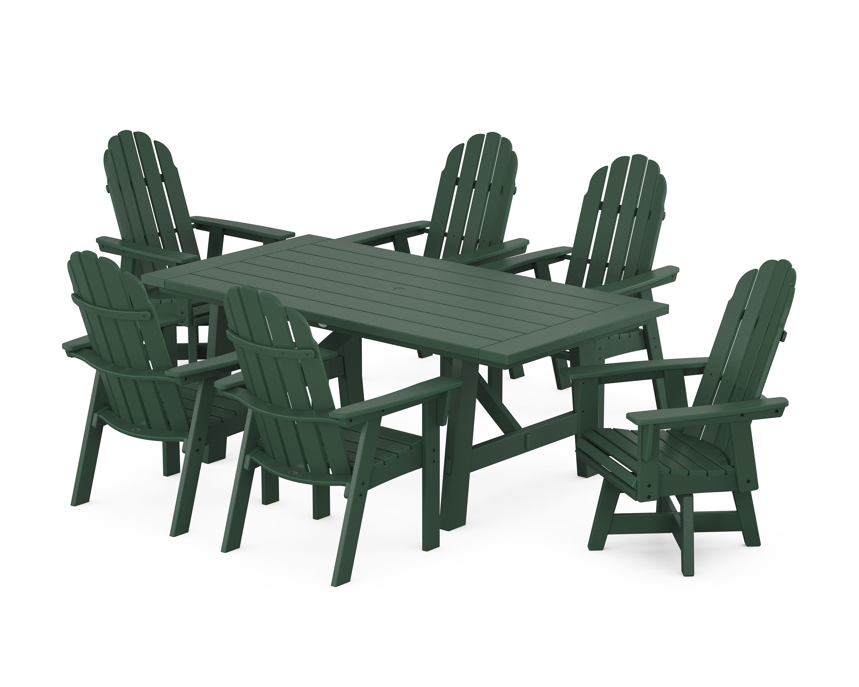 Vineyard Curveback Adirondack Swivel Chair 7-Piece Rustic Farmhouse Dining Set in Green