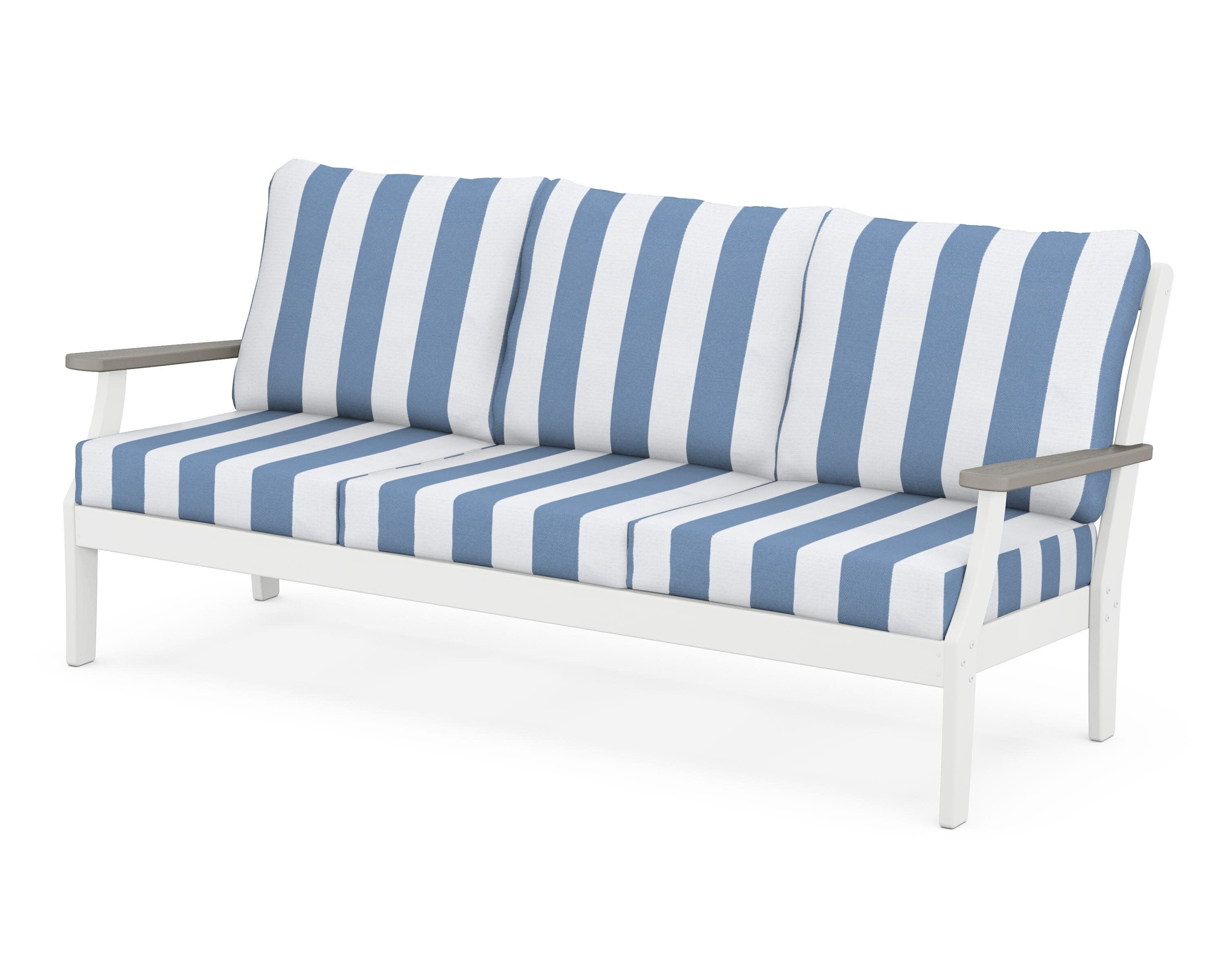 Braxton Deep Seating Sofa in White / Driftwood / Cabana Stripe Sky Blue