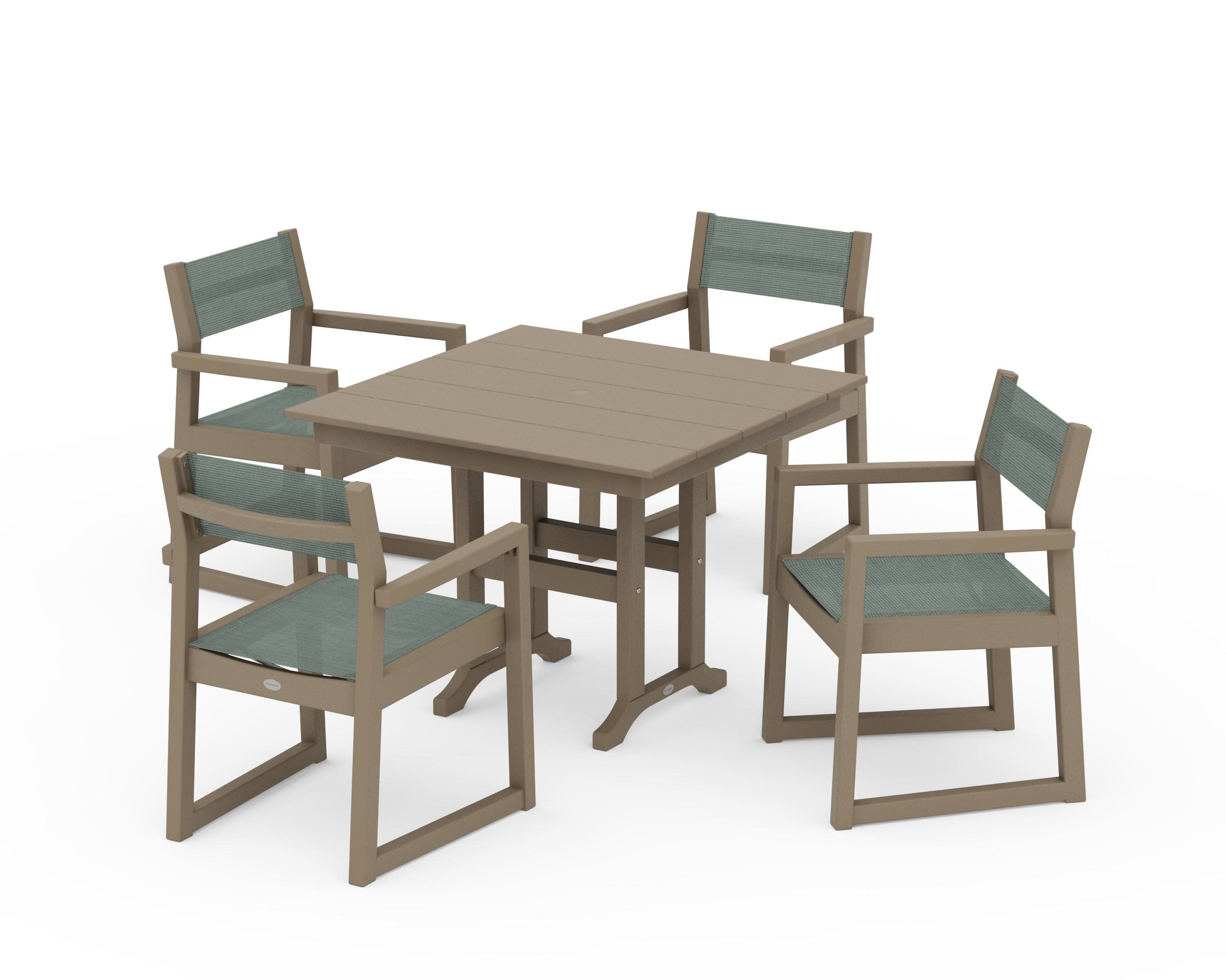 EDGE Sling Arm Chair 5-Piece Farmhouse Dining Set in Vintage Sahara / Dupioni Sea Mist Sling