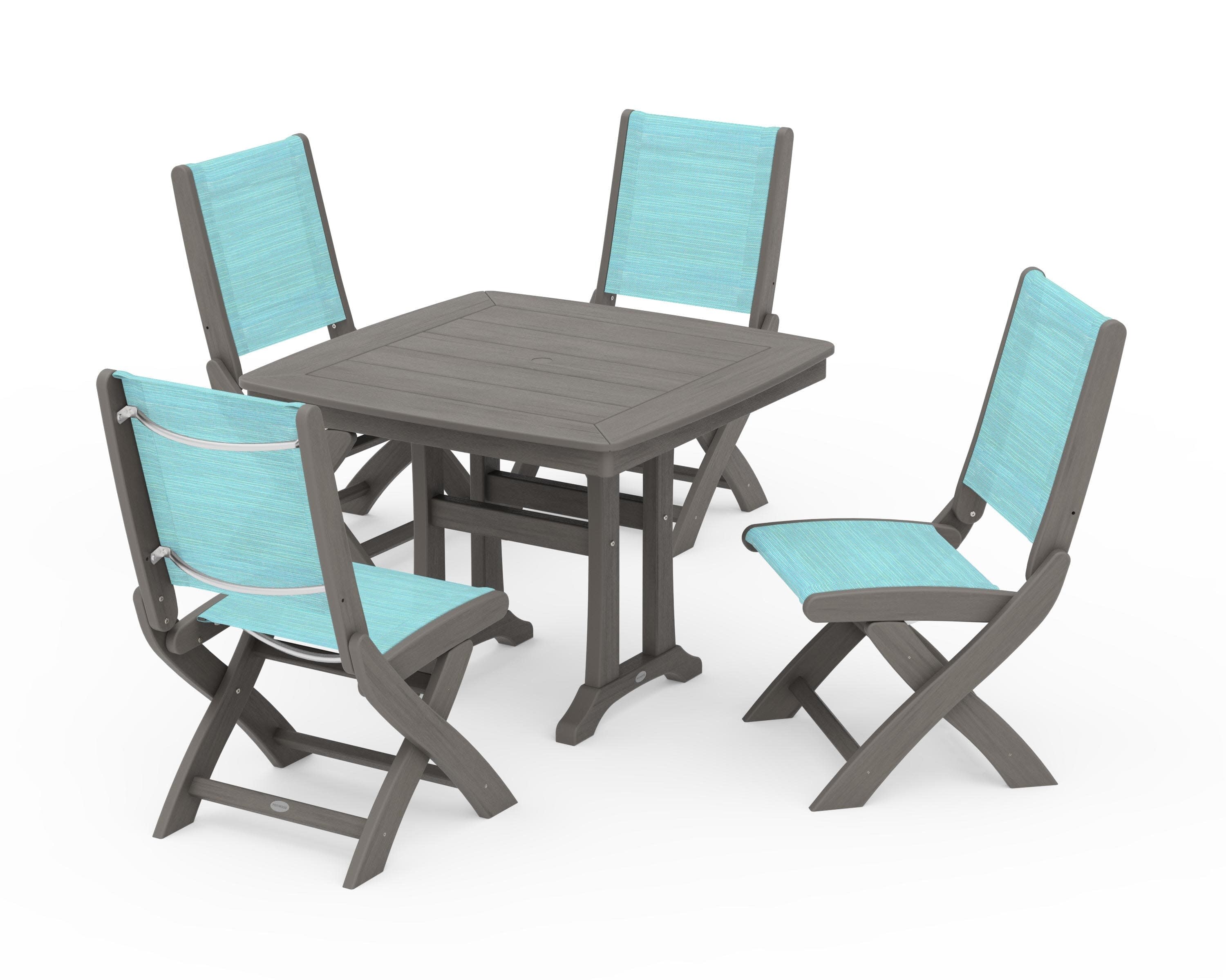 Coastal Folding Side Chair 5-Piece Dining Set with Trestle Legs in Driftwood / Dupioni Aquamarine Sling