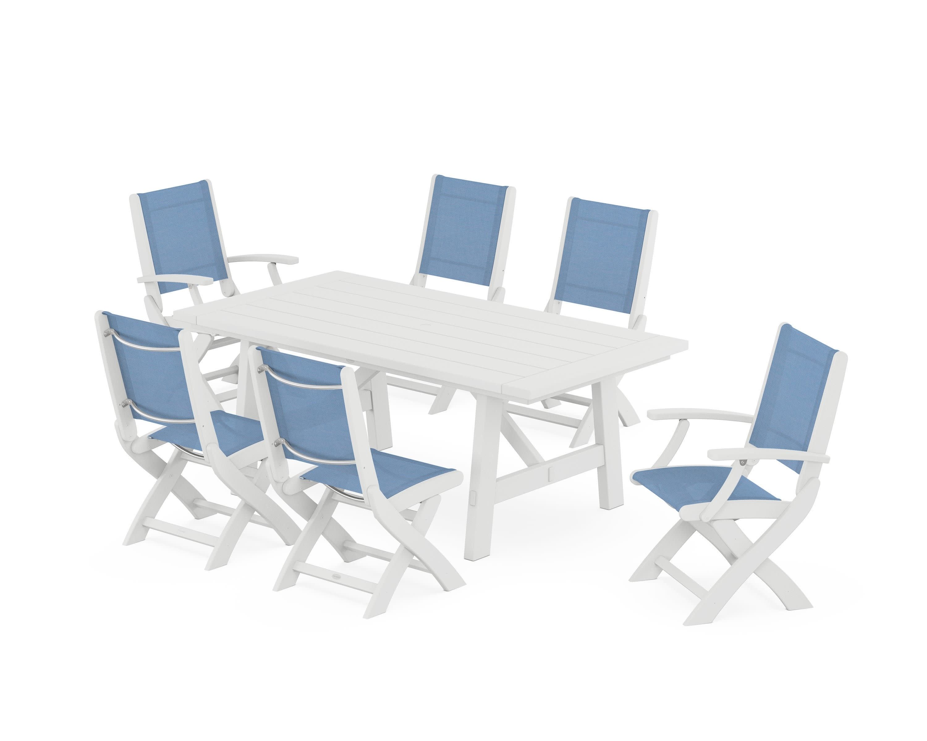 Coastal Folding Chair 7-Piece Rustic Farmhouse Dining Set in White / Poolside Sling