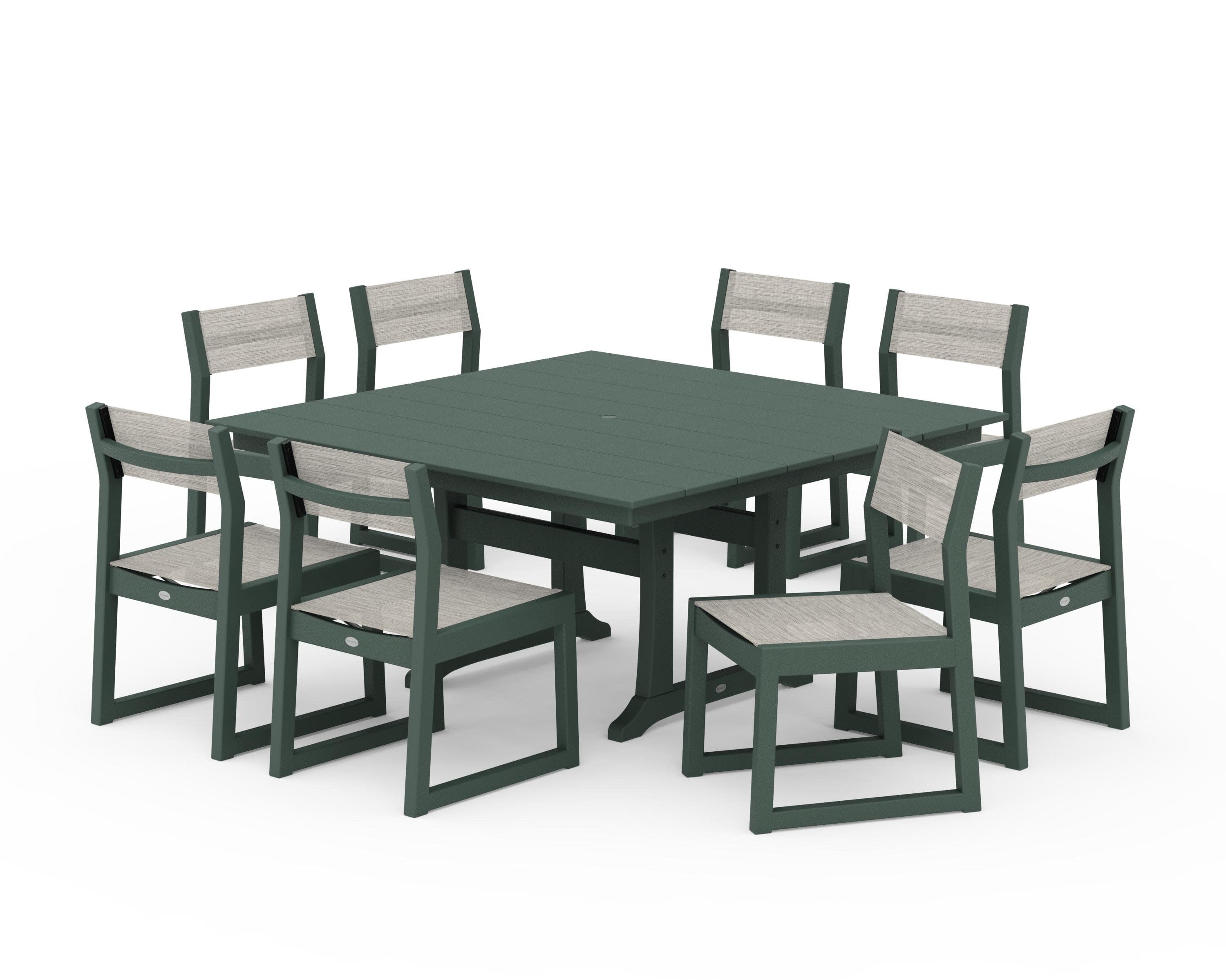 EDGE Sling Side Chair 9-Piece Farmhouse Trestle Dining Set in Green / Birch Sling