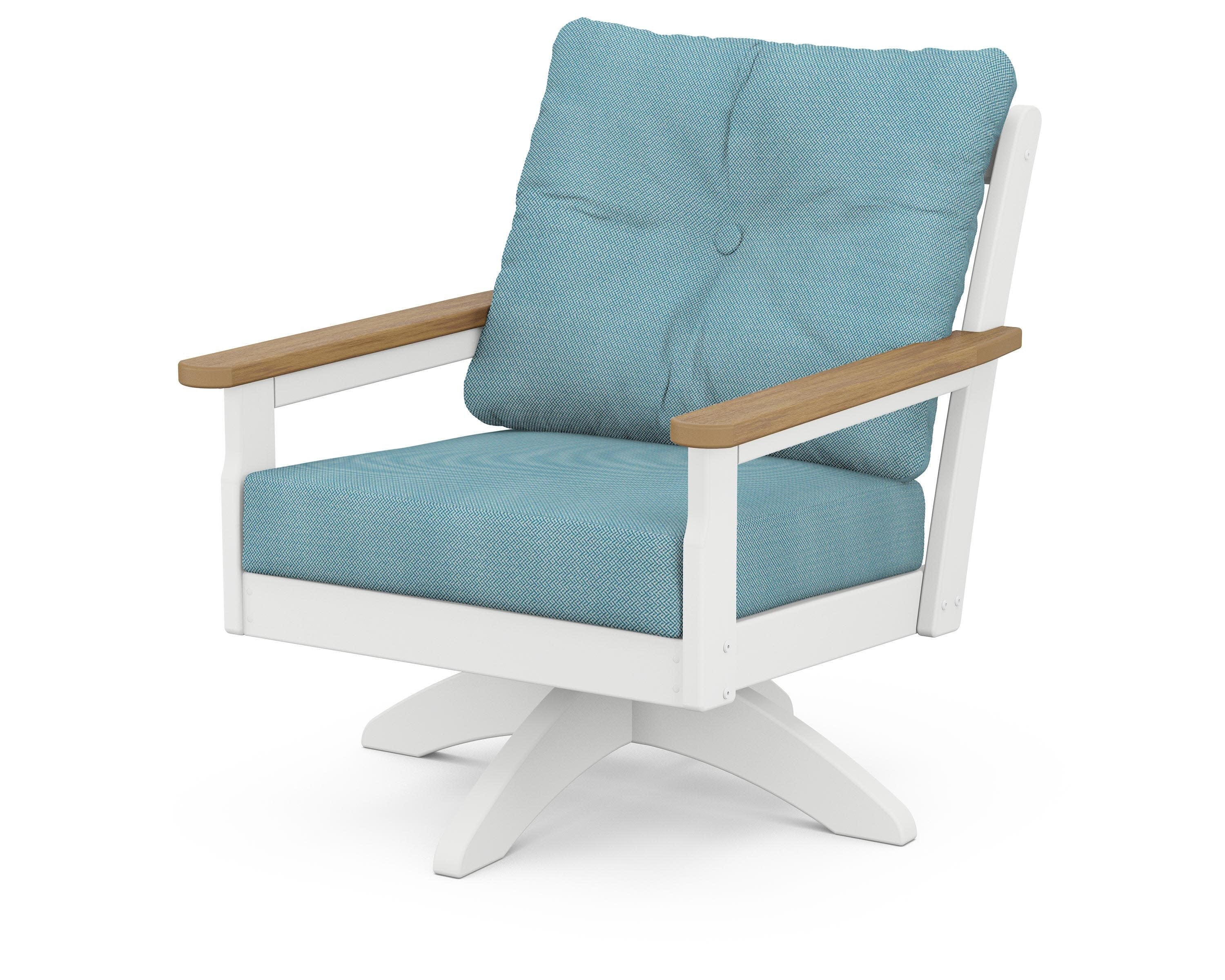 Vineyard Deep Seating Swivel Chair in White / Natural / Lattice Sky Blue