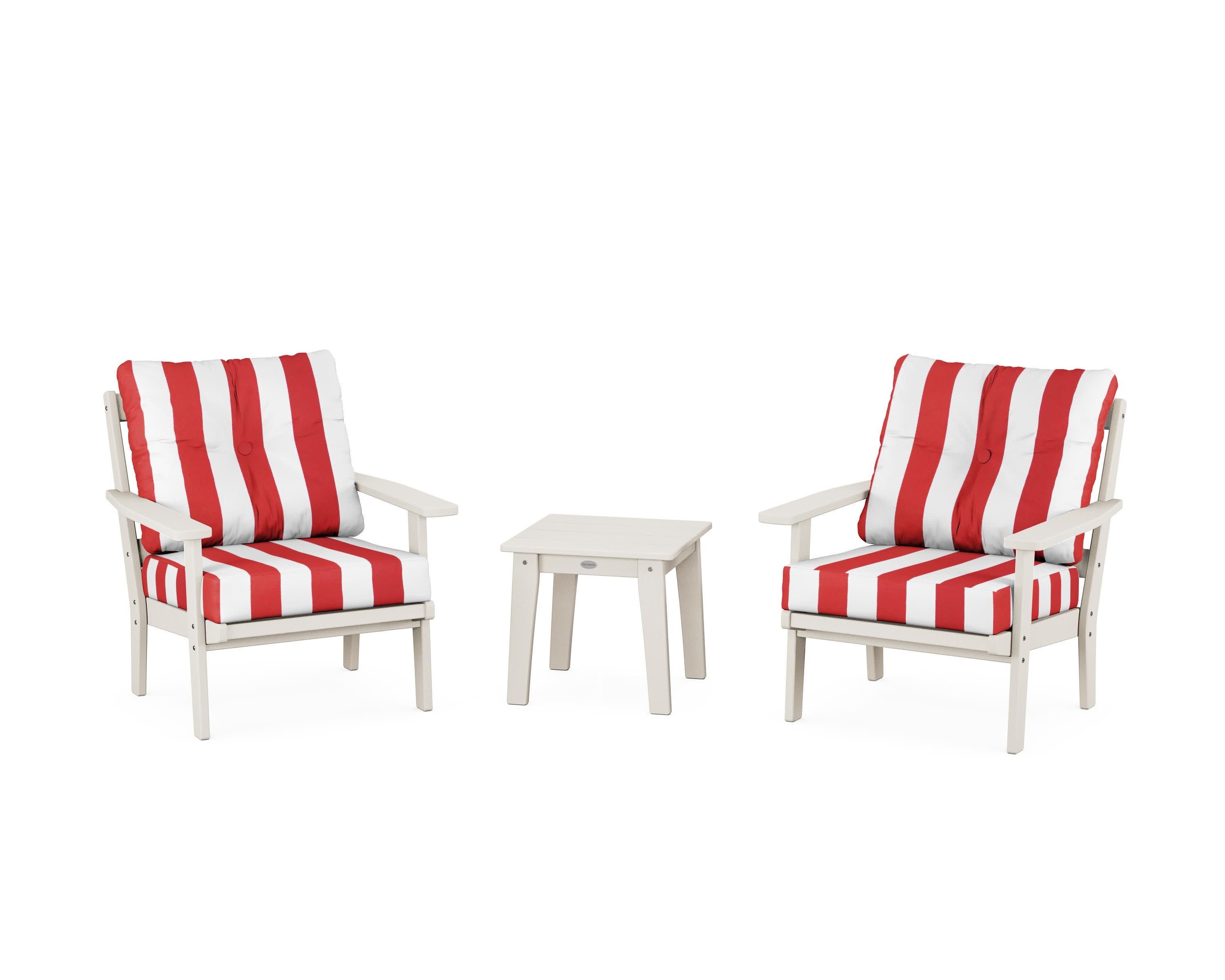 Oxford 3-Piece Deep Seating Set in Sand / Cabana Stripe Crimson