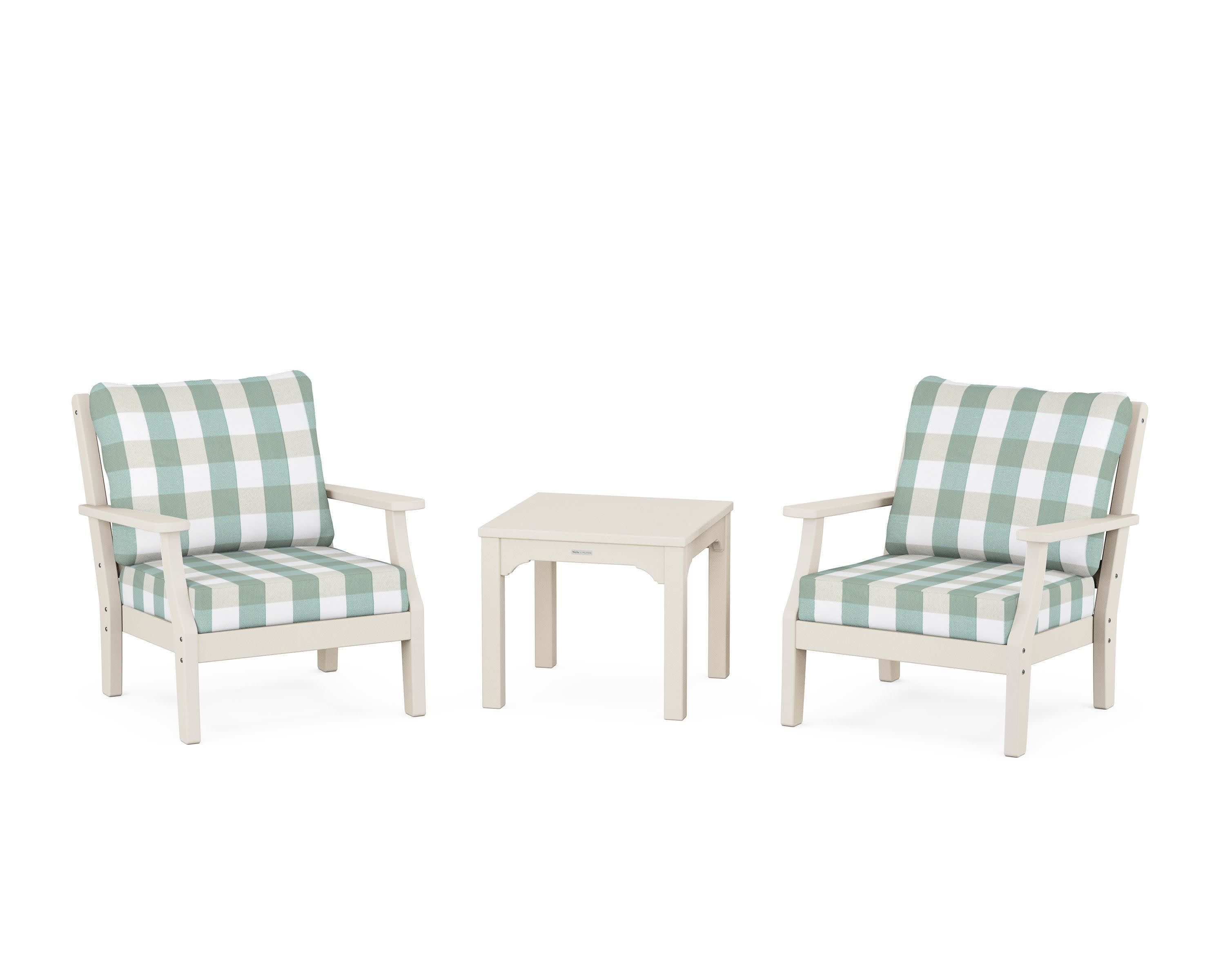 Chinoiserie 3-Piece Deep Seating Set in Sand / Buffalo Plaid Glacier Spa