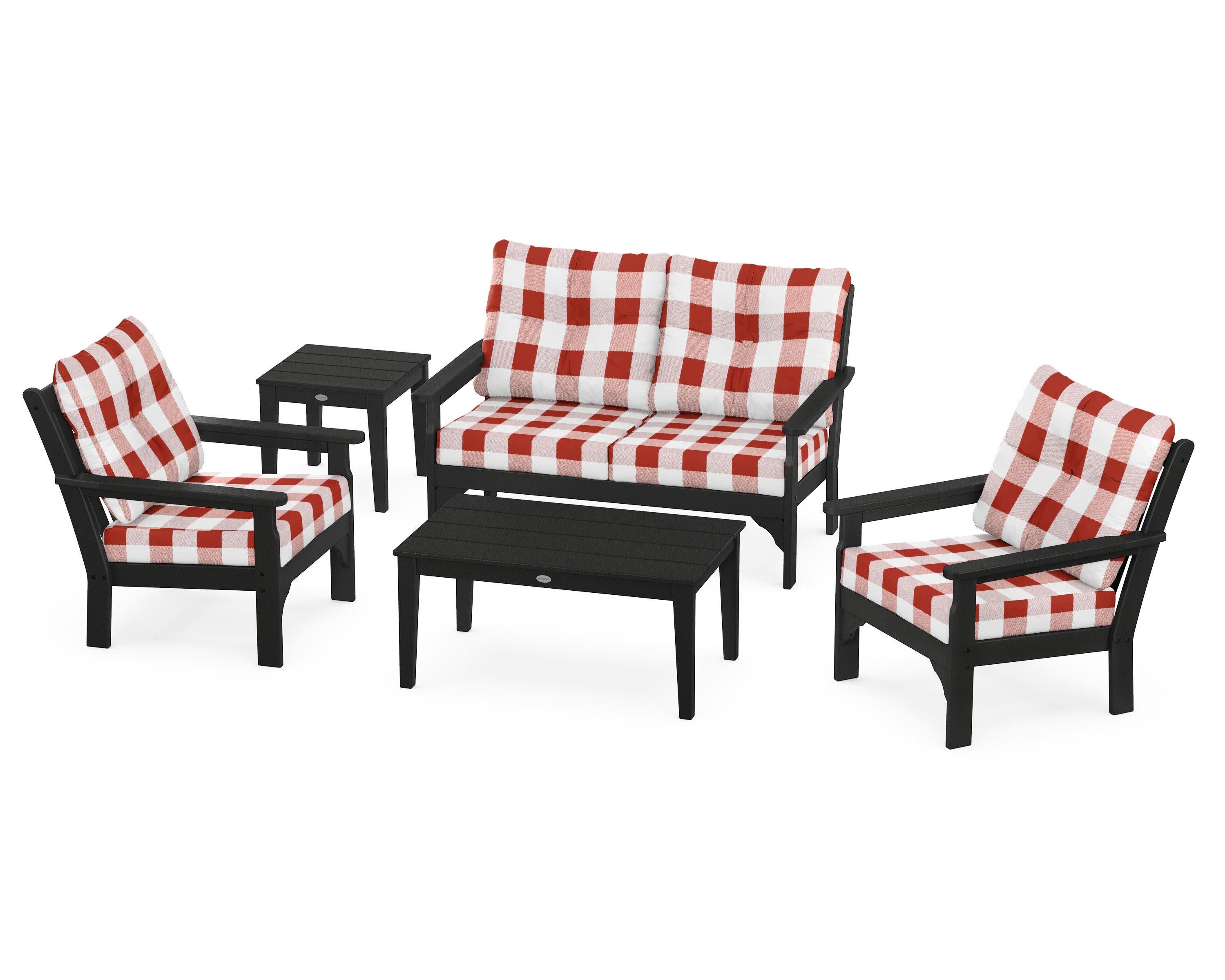 Vineyard 5-Piece Deep Seating Set in Black / Buffalo Plaid Crimson