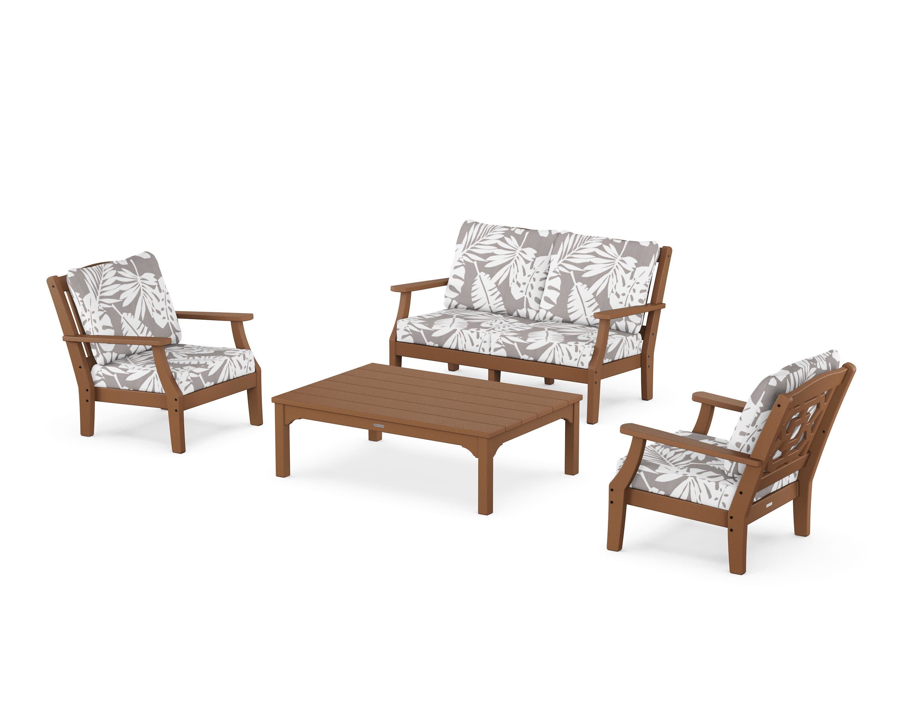 Chinoiserie 4-Piece Deep Seating Set with Loveseat in Teak / Leaf Grey Mist