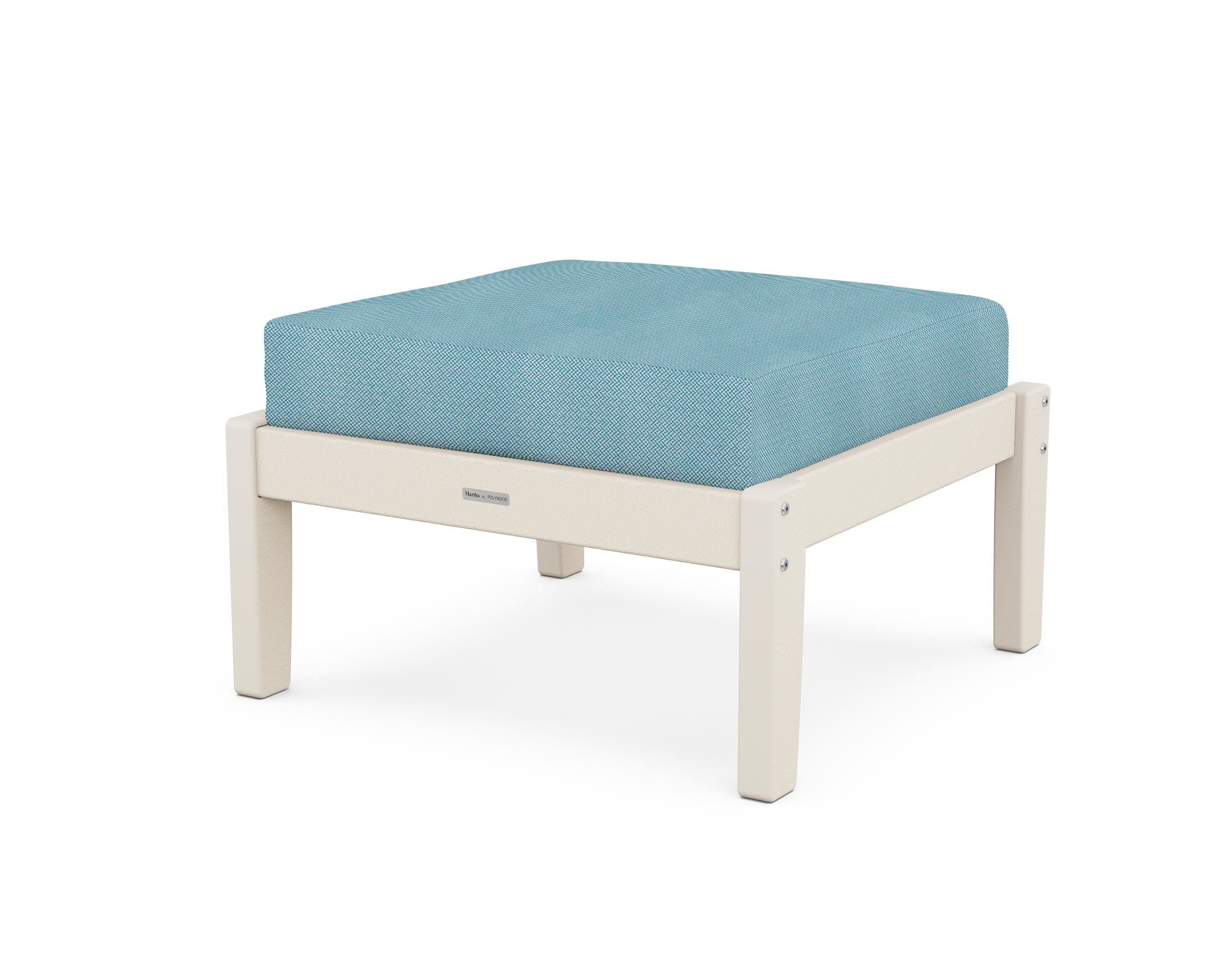 Chinoiserie Deep Seating Ottoman in Sand / Lattice Sky Blue