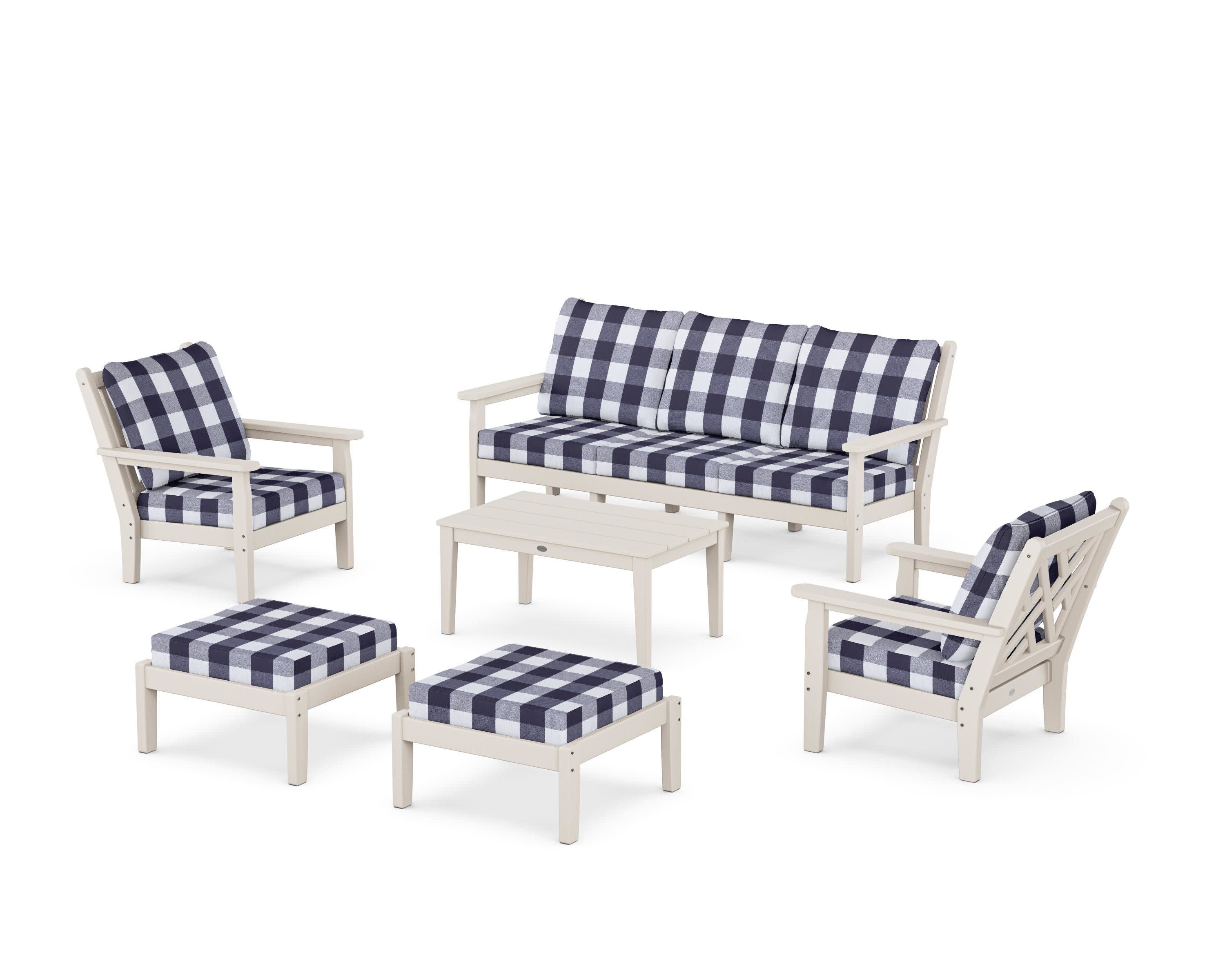 Chippendale 6-Piece Lounge Sofa Set in Sand / Buffalo Plaid Navy