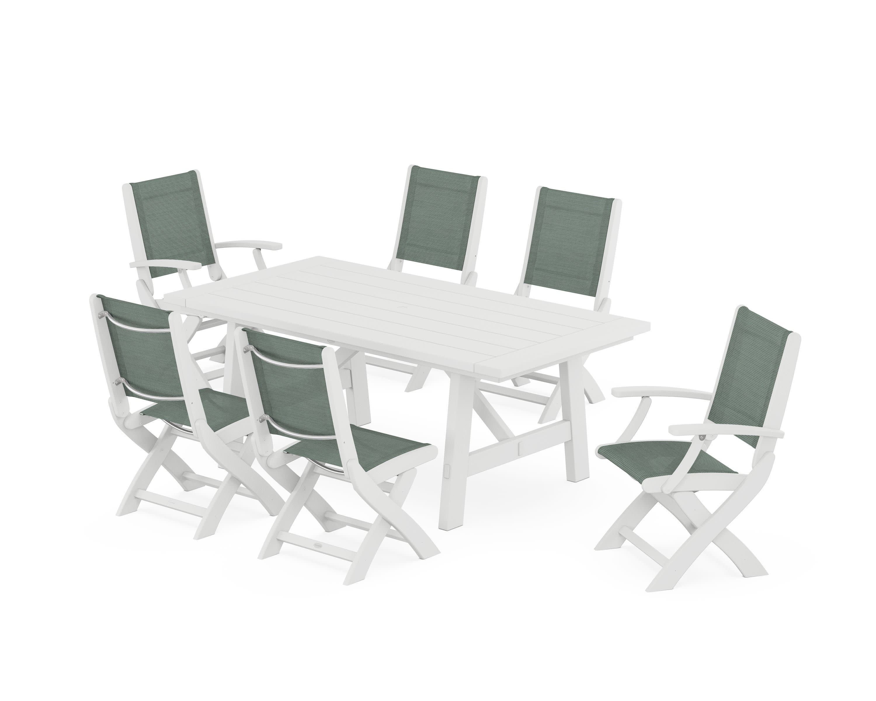 Coastal Folding Chair 7-Piece Rustic Farmhouse Dining Set in White / Dupioni Sea Mist Sling