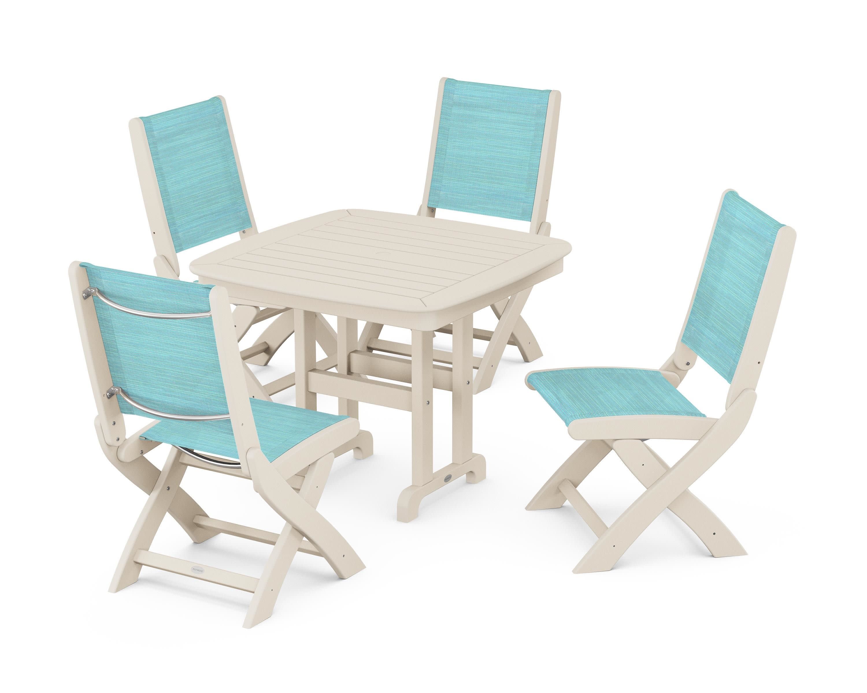Coastal Folding Side Chair 5-Piece Dining Set in Sand / Dupioni Aquamarine Sling